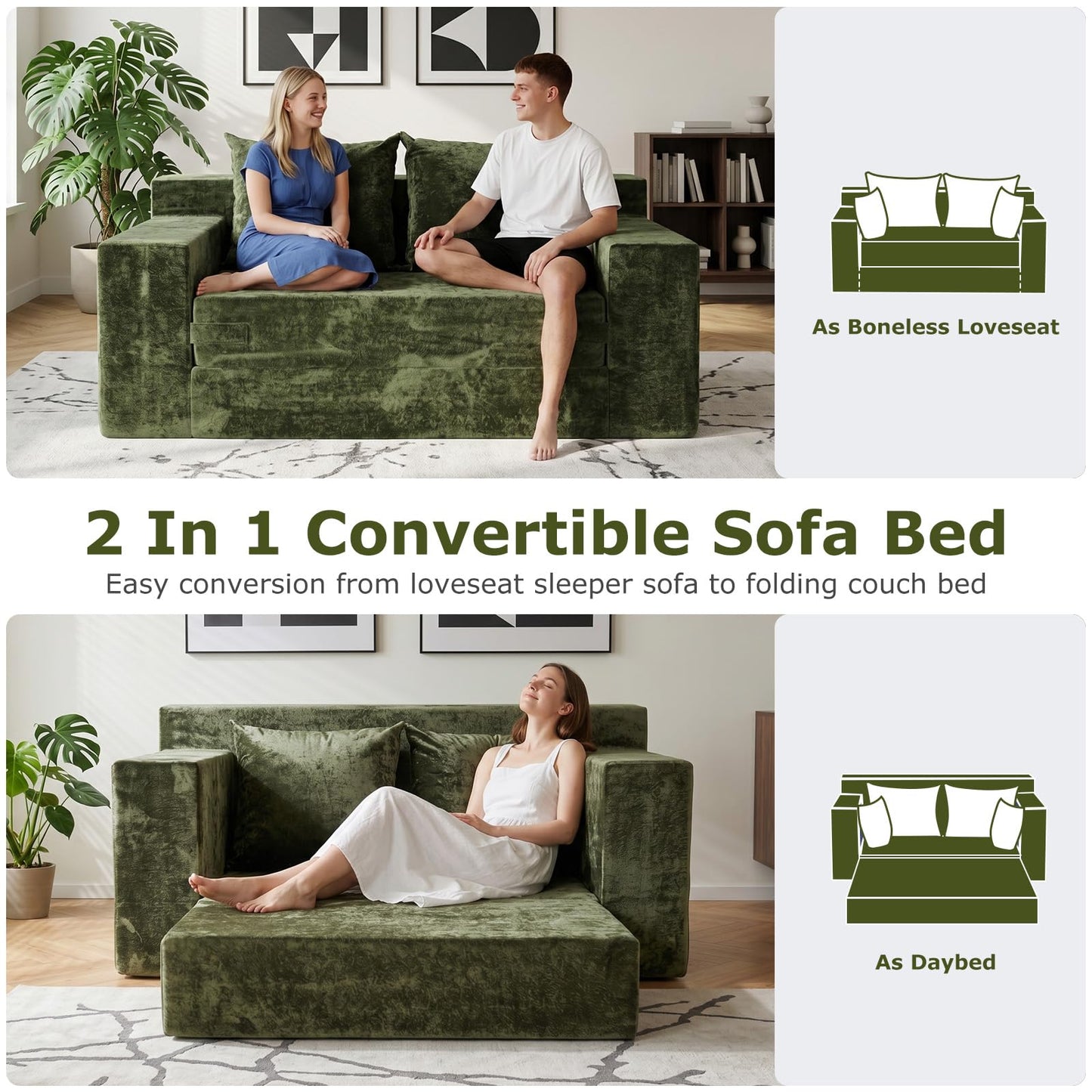 feliz home Boneless Loveseat Couches, Convertible Sofa Bed Folding Couch Bed, Boneless Chair Bed & Futon Sofa Bed, Small Pull Out Couch Foldable with 4 Pillows for Living Room, Green