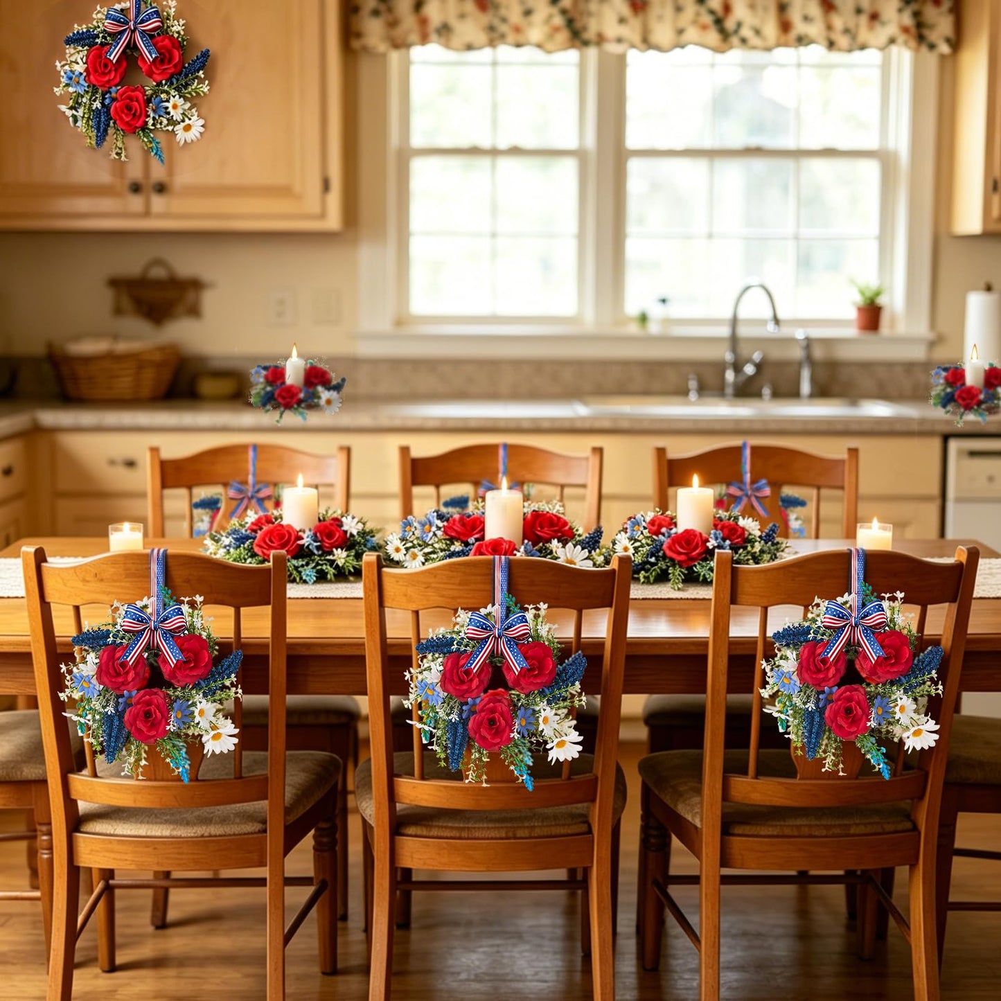 Mini 4th of July Wreath 4Pcs, 11.8 Inch Small Patriotic Wreath with Ribbon, Artificial Rose Lavender Daisy Wreath, Hanging/Tabletop/Candle Ring Decor for Home Front Door, Porch, Wall, Window, Cabinets