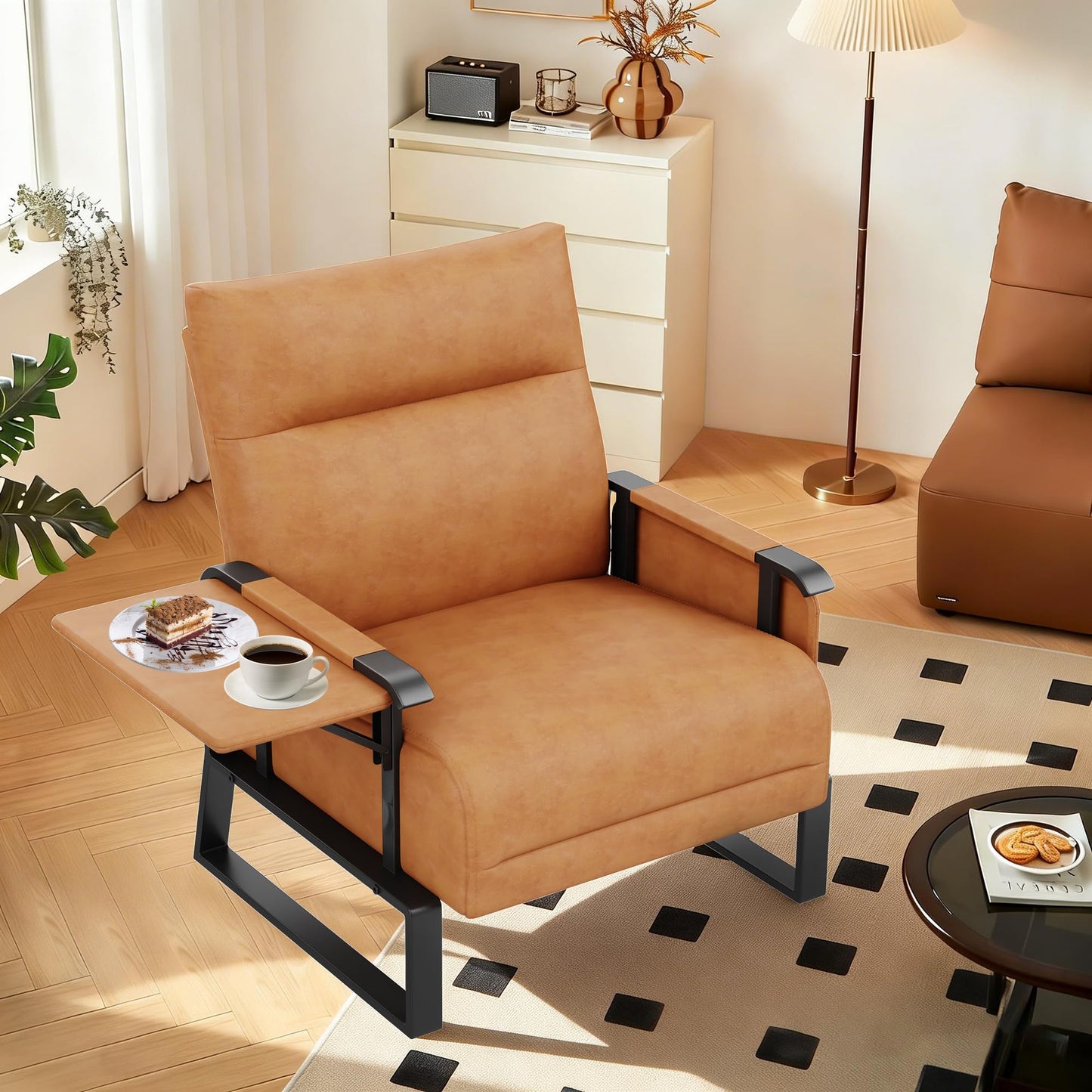 Apeaka PU Leather Accent Chair Upholstered Armchair with Side Table for Bedroom Living Room Chairs Office Club Chair Brown