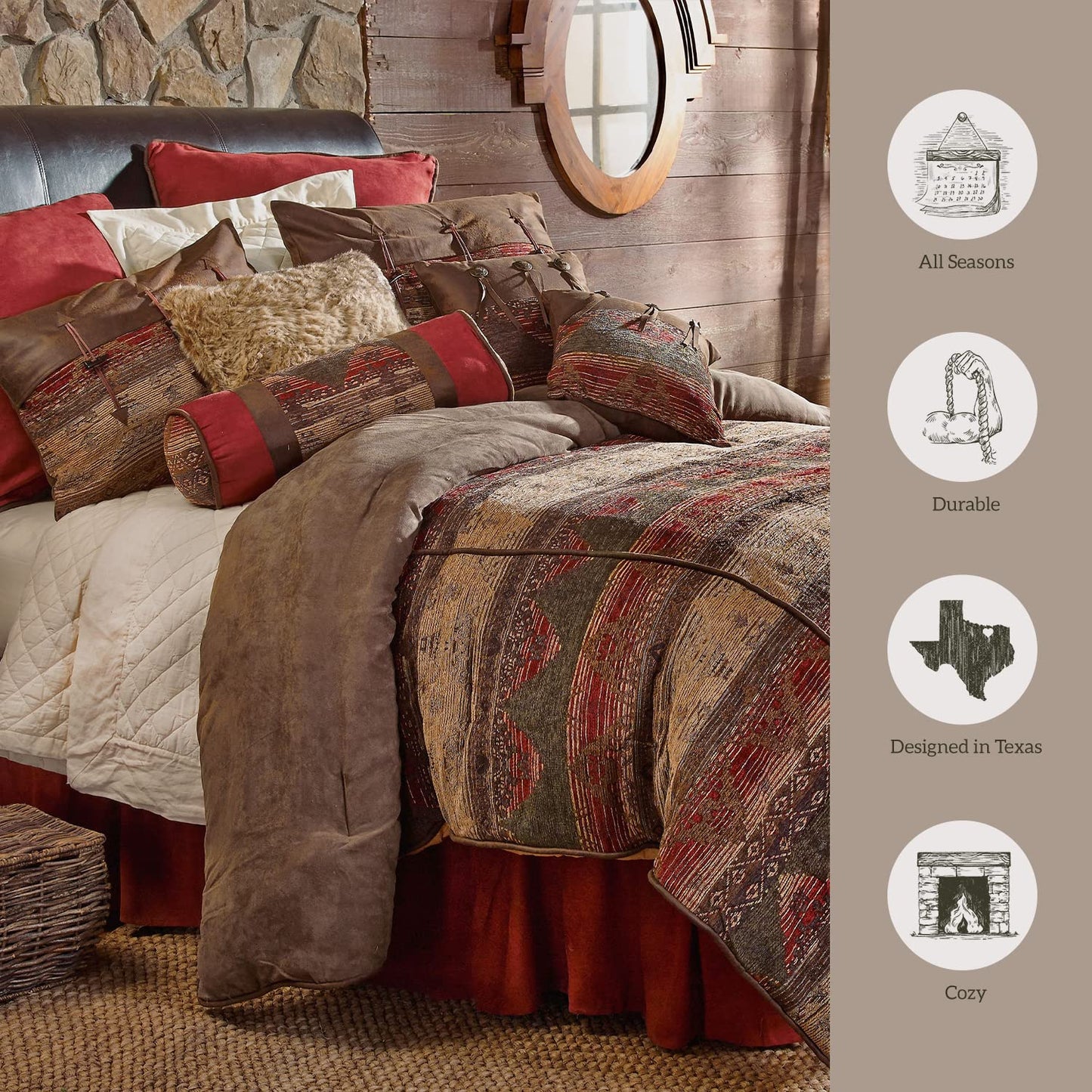 Paseo Road Sierra Western Bedding 7 Piece Queen Comforter Set, Faux Suede Chenille Jacquard Southwestern Bedding, Rustic Comforter Set with Bed Skirt, Shams, Accent Pillows