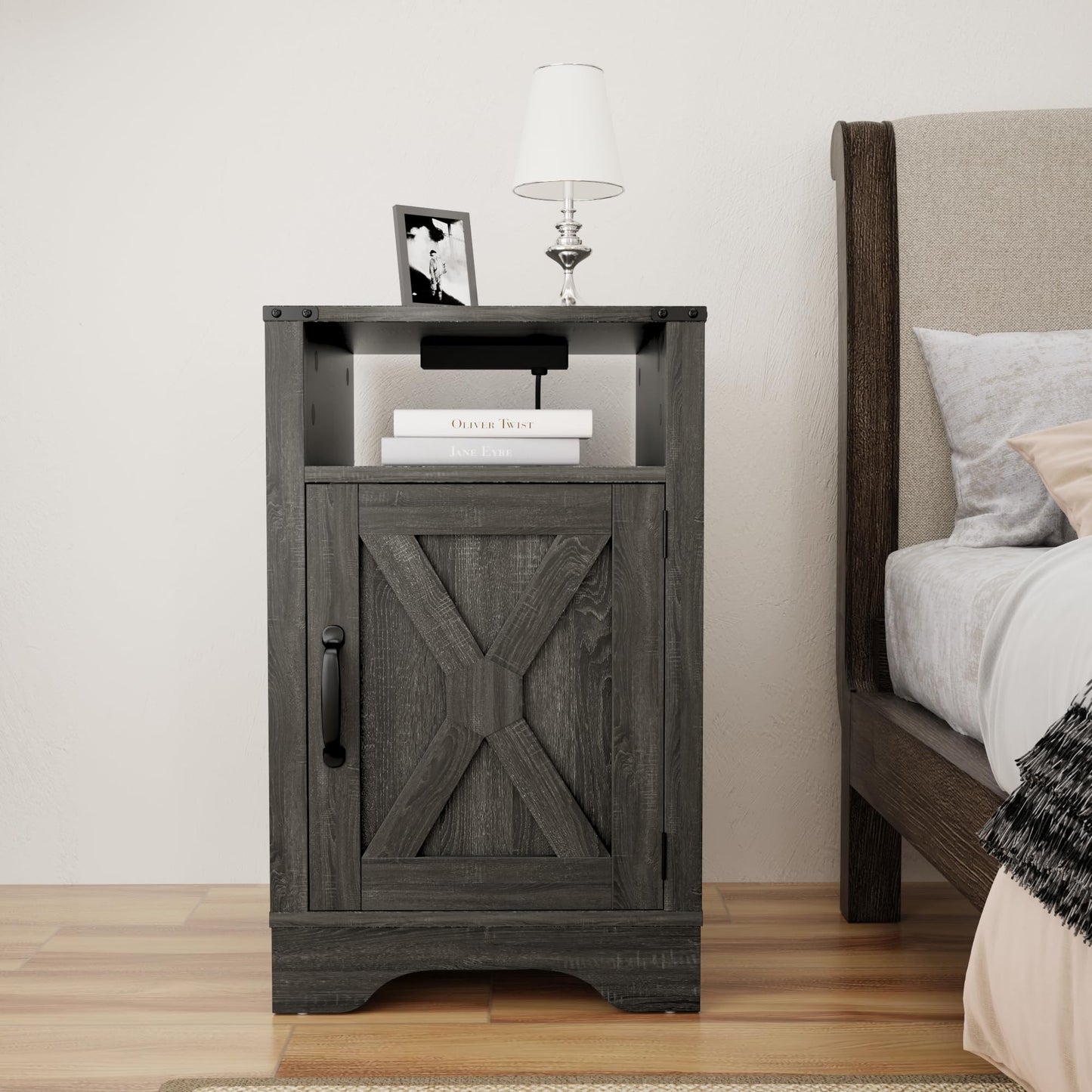 RoyalCraft Farmhouse Nightstand, End Table with Charging Station, Tall Bedside Table with Large Storage Room and Shelf, Wooden Rustic Side Table for Bedroom, Home Office, Dark Grey