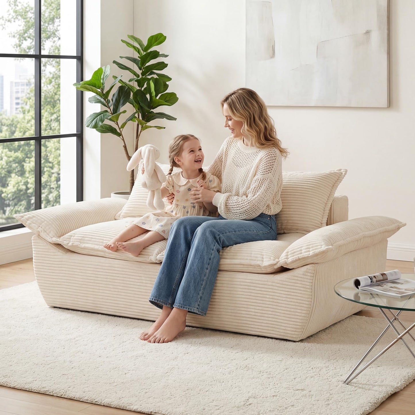 AOLVDOW Boneless Loveseat 56", 2-Seater Beige Boneless Sofa with Removable Cushions & 2 Pillows, Small Boneless Couch Compress Foam Sofa for Living Room, Apartments, & Office