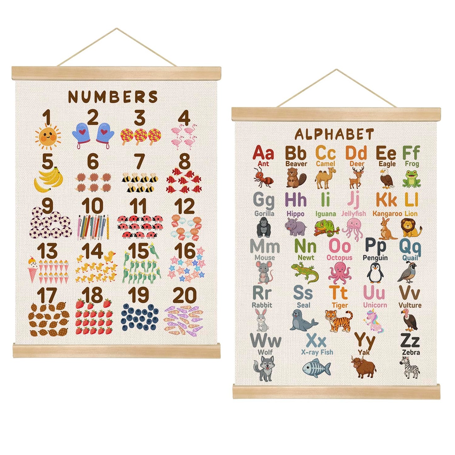 Alphabet and Numbers Chart Poster Set of 2, Alphabet Numbers Wall Art 14x18.5inch,ABC Banner Posters, Banner Wall Hanging Decor for Toddler Room Playroom Nursery Wall Classroom Decor (Purple ABC&123)