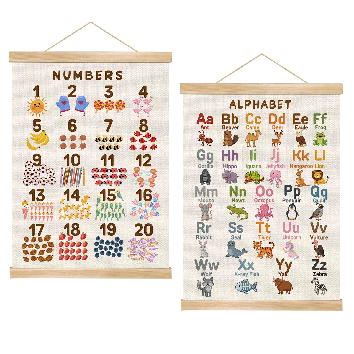 Alphabet Numbers Wall Art Poster Set of 2 ,Boho Educational Canvas Posters for Classroom,1-6 Toddlers ABC and 1-20 Number Learning Banner for Preschool Nursery Playroom,Kids Room Decor 14x18.5 Inch