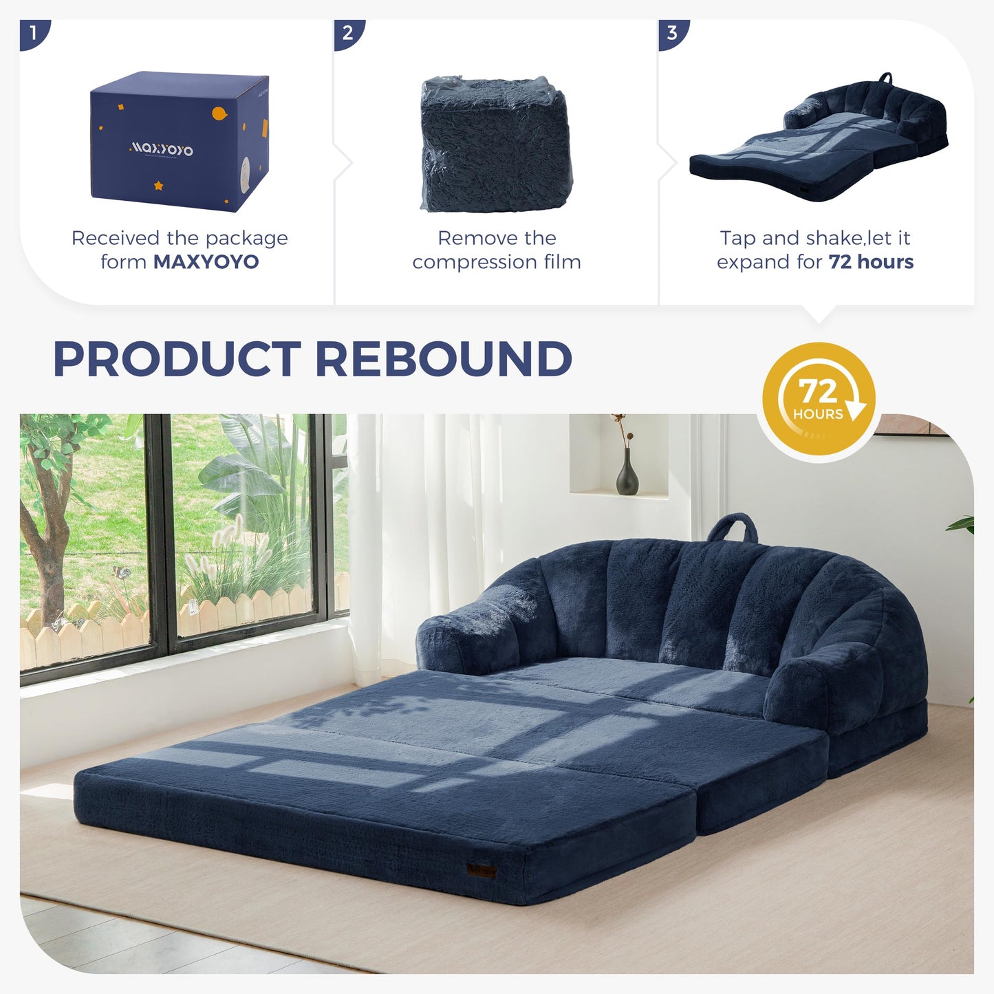 MAXYOYO Folding Sofa Bed, 2 in 1 Convertible Sofa to Lounger Comfy Loveseat Bean Bag Chair for Adults, Floor Couch with Handle, Faux Fur Couch Bed for Living Room Bedroom, Navy, Loveseat