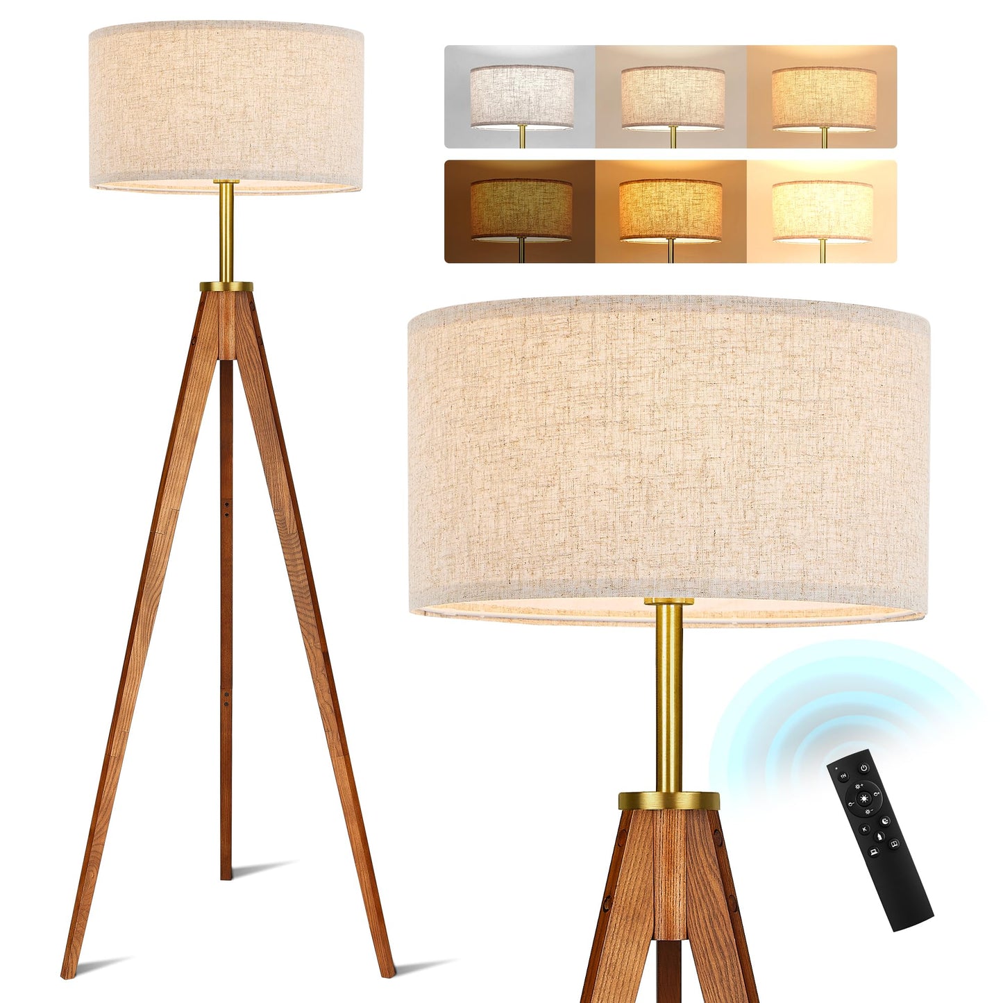 ELYONA Floor Lamp for Living Room, Solid Ash Wood Tripod Floor Lamp with Remote Control, Stepless Dimmable Standing Lamp for Bedroom, Office, Tall Lamp with Linen Shade, Mid Century Modern & Farmhouse