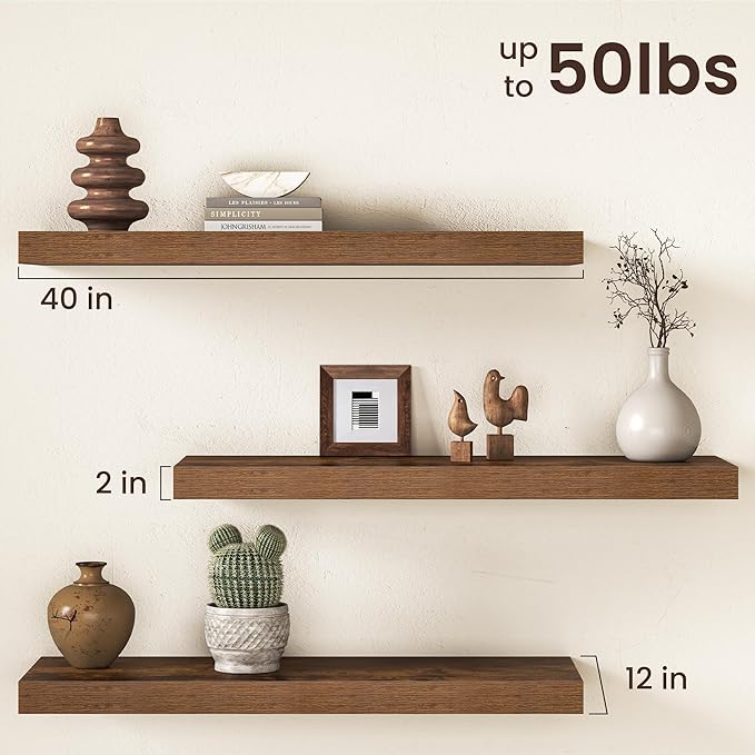 40Inch Floating Shelves for Wall, 12 Inch Deep Shelves for Bedroom, Bathroom