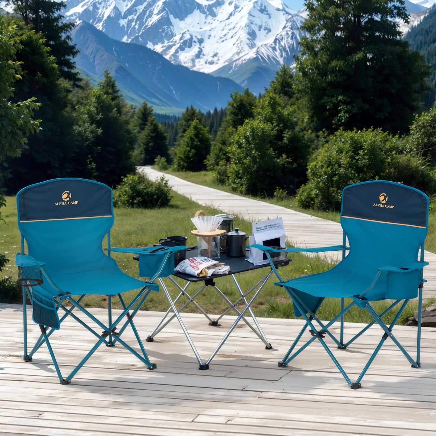 LET'S CAMP Camping Chair 2 Pack Folding Chair with 4-Can Cooler Bag Portable Lawn Chair with Cup Holder,Storage Pocket, Supports 250LBS, Collapsible Chair for Camp, Beach, Picnic (Blue)