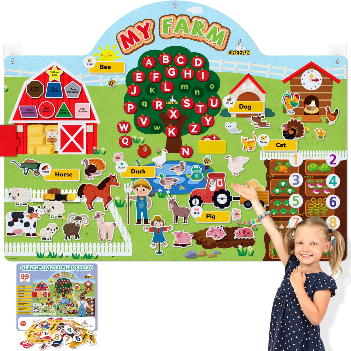 CHEFAN 99 Pcs Farm Animals Felt Story Board Set, 3.9 Ft Preschool Farmhouse Barnyard Theme Flannel Board Storytelling Early Learning, Interactive Wall Hanging Play Set for Toddlers Kids Children
