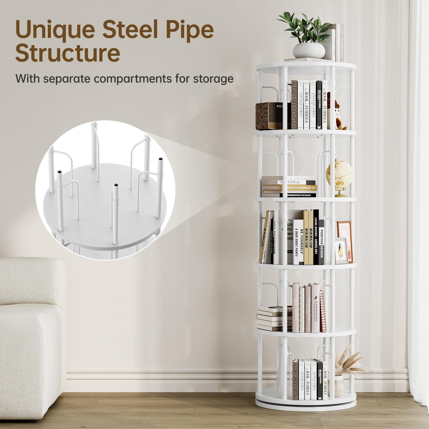 iabifo 5-Tier Tall Rotating Bookshelf, 360°Spinning Swivel Bookcase Tower, Vertical Floor Standing Revolving Round Book Shelf Organizer for Small Spaces, Corner, Living Room, Bedroom, White