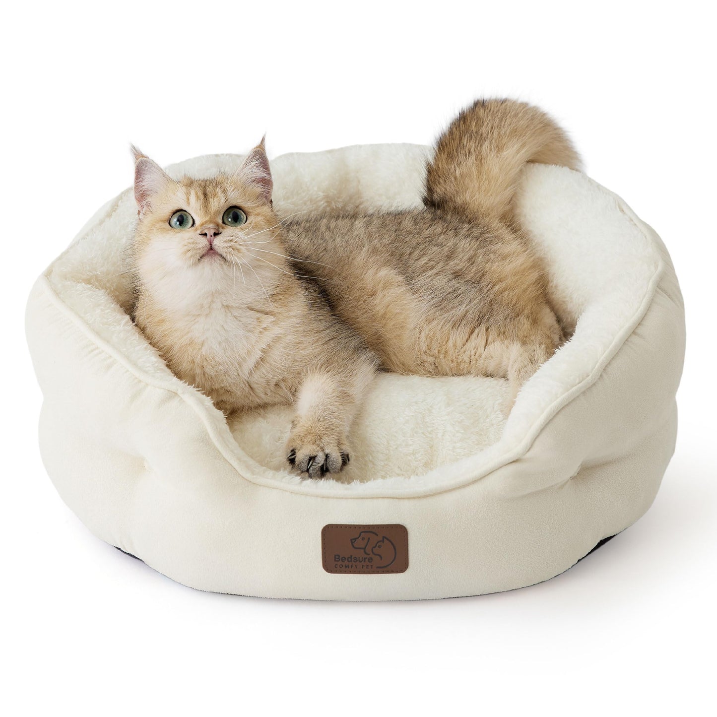 Bedsure Dog Beds for Small Dogs - Round Cat Beds for Indoor Cats, Washable Pet Bed for Puppy and Kitten with Slip-Resistant Bottom, 20 Inche, Ivory