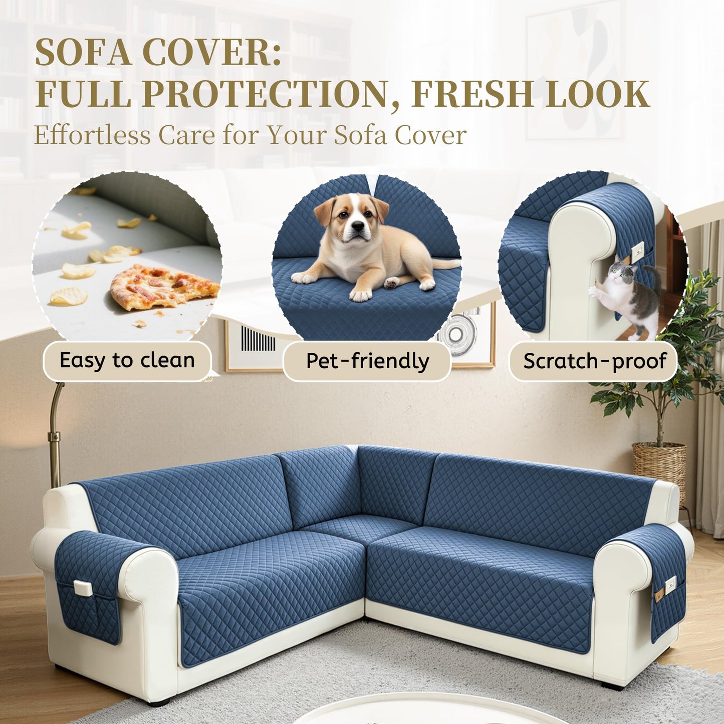 SYJOVIA Sectional Couch Covers for Dogs 100% Waterproof Corner L Shaped Sofa Cover Pet Friendly Velvet Washable Anti Slip L Shape Modular Sofa Slipcover Protector with Pockets (Blue, XX-Large)