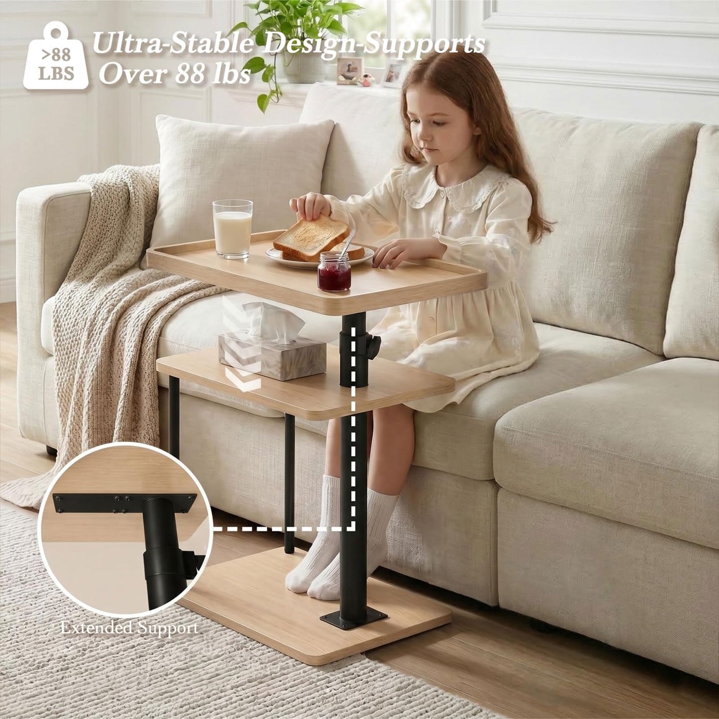 Faesun C Table End Table Adjustable Height, 360°Swivel TV Tray Table for Small Spaces, Small Nightstand for Living Room, Bedroom, Oak