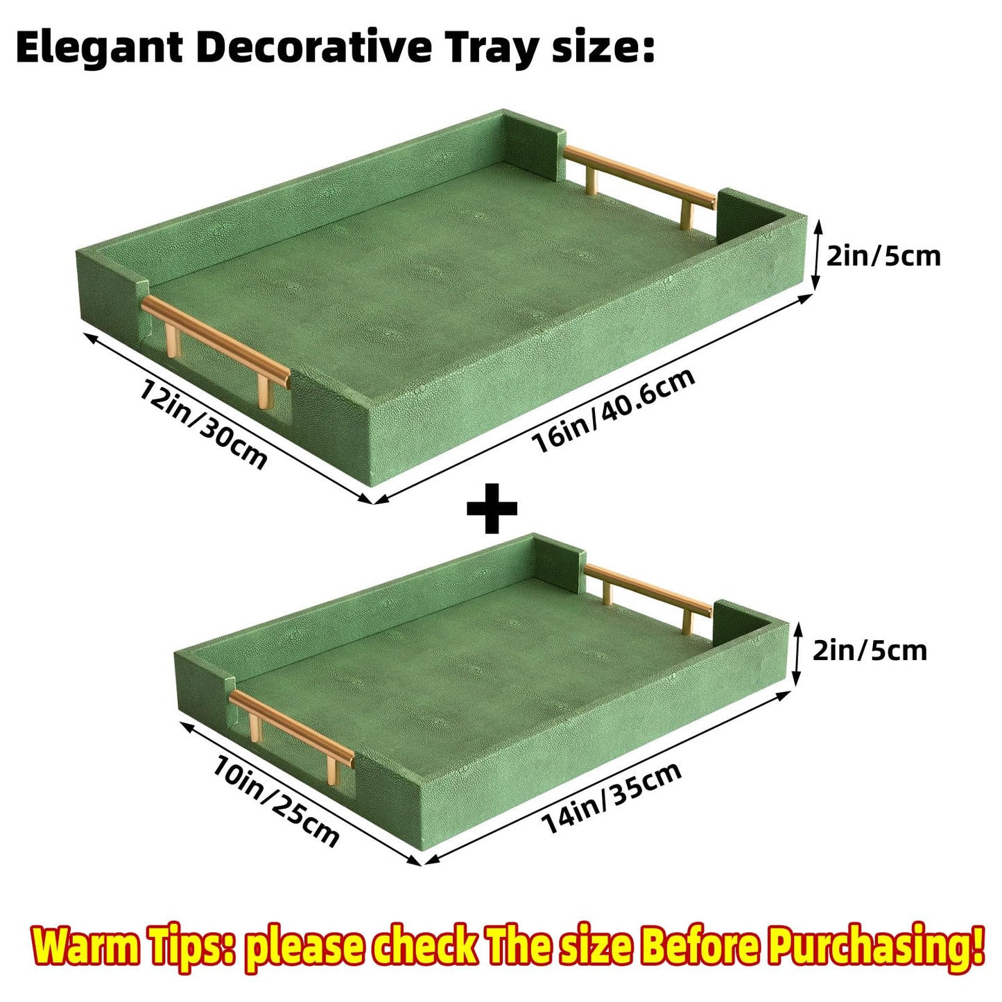 UPPER DECOR Decorative Tray Set of 2, Green Shagreen Leather Tray, Modern Elegant Rectangle Serving Trays with Gold Polished Metal Handles, Ottoman Trays Coffee Table Perfume Kitchen Home Decor