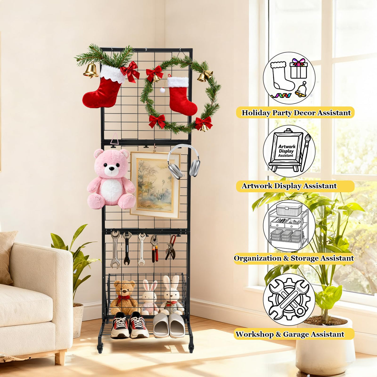 APshouhu Foldable Grid Wall Panels, Gridwall Panels with Folding Baskets, Tool-Free Assembly and Folding, for Storage and Retail Merchandise Display (Black)