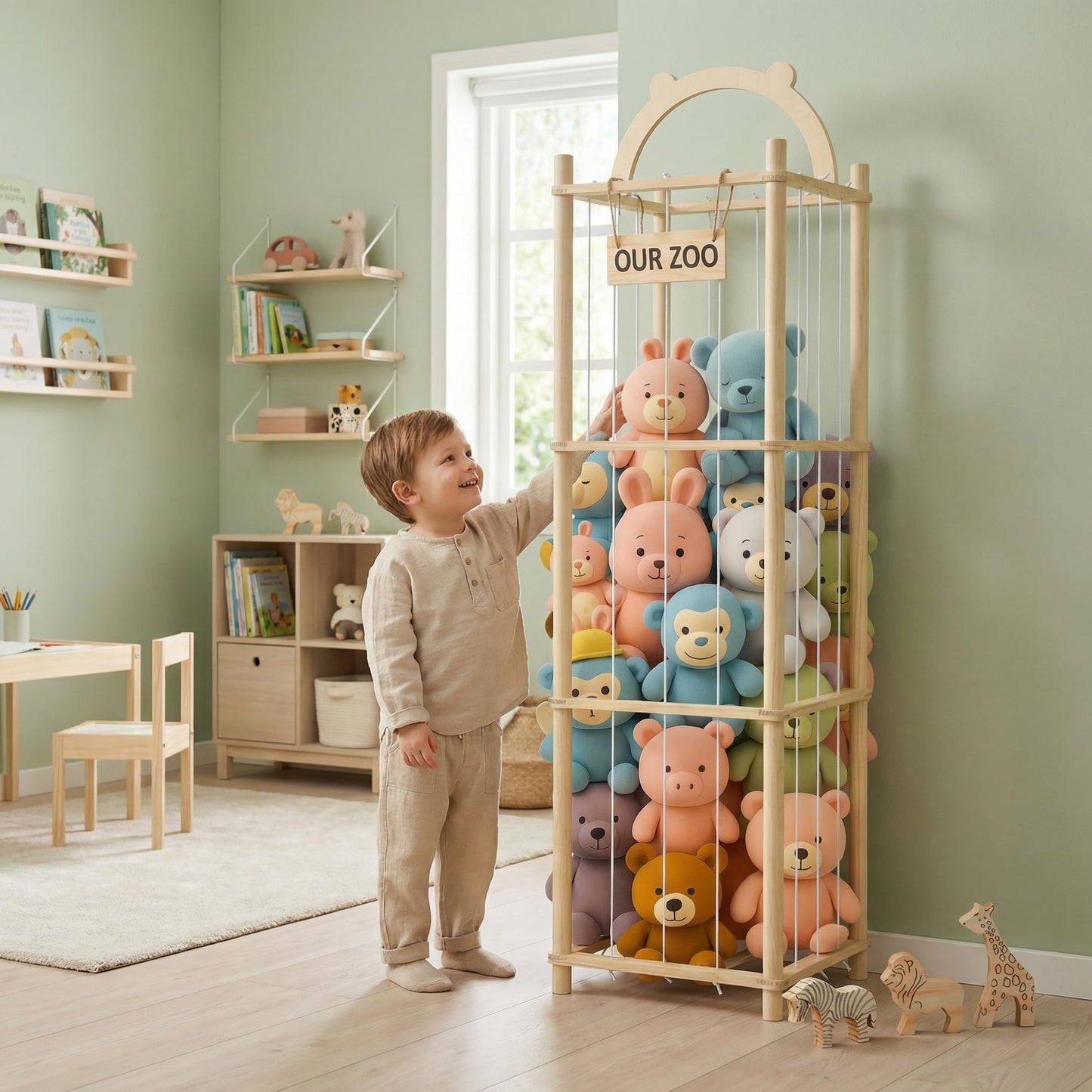 Sortivo Stuffed Animal Storage & Organizer with 3 Animal Figurines Set, 60In Large Capacity Stuffy & Plushies Storage Holder for Playroom, Nursery, Bedroom & Kids Furniture