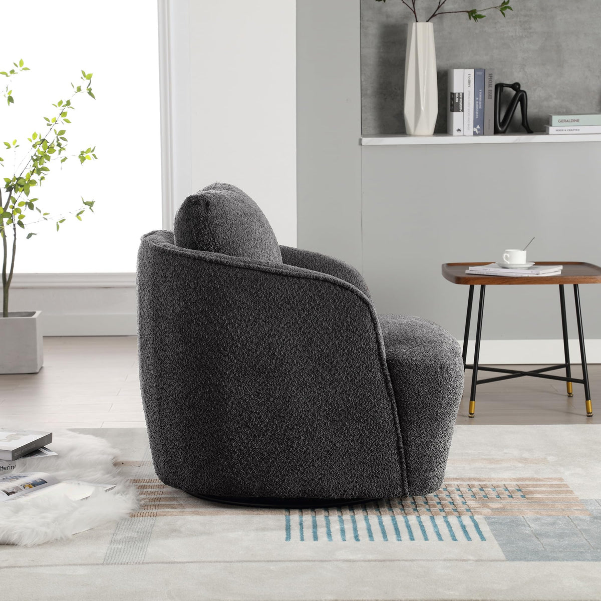 30.3" Boucle Swivel Barrel Chair, 360° Rotation Modern Round Accent Chair, Upholstered Club Armchair with Curved Back and Metal Base, Comfy Lounge Seat for Living Room Bedroom Office, Charcoal