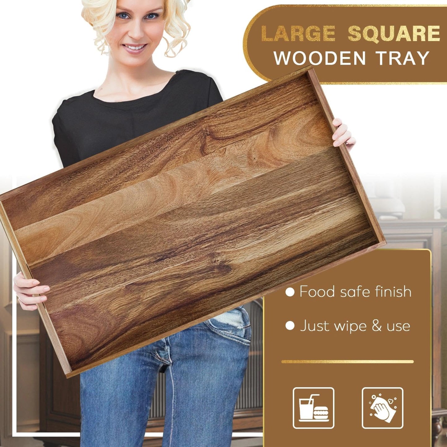 MAONAME Extra Large Ottoman Tray, 32 x 18 inches Wooden Serving Tray for with Handles, Acacia Wood Serving Platter Trays for Living Room, Breakfast