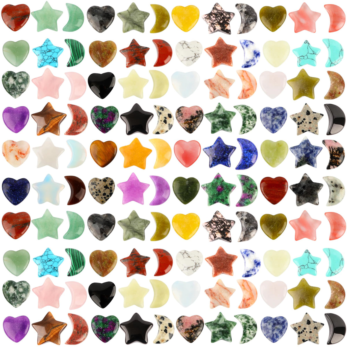 120 Pcs Shaped Crystals Heart Shaped Moon Star Crystals Worry Stones Bulk Heart Gemstones for Valentine Gifts Witchcraft
