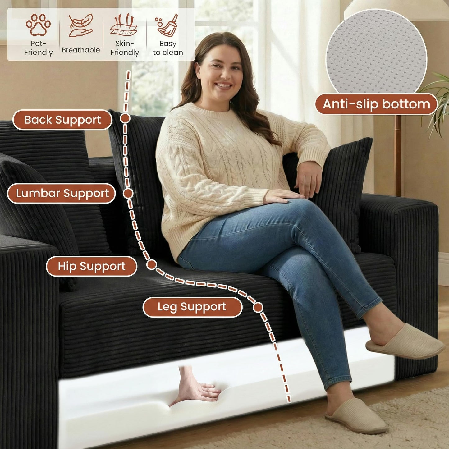 AOLVDOW Convertible Sofa Bed, 5 in 1 Small Boneless Couch Pull Out Loveseat Sleeper Sofa,Corduroy Futon Couch Folding Mattress with 4 Pillows for Living Room (Black, 56INCH)