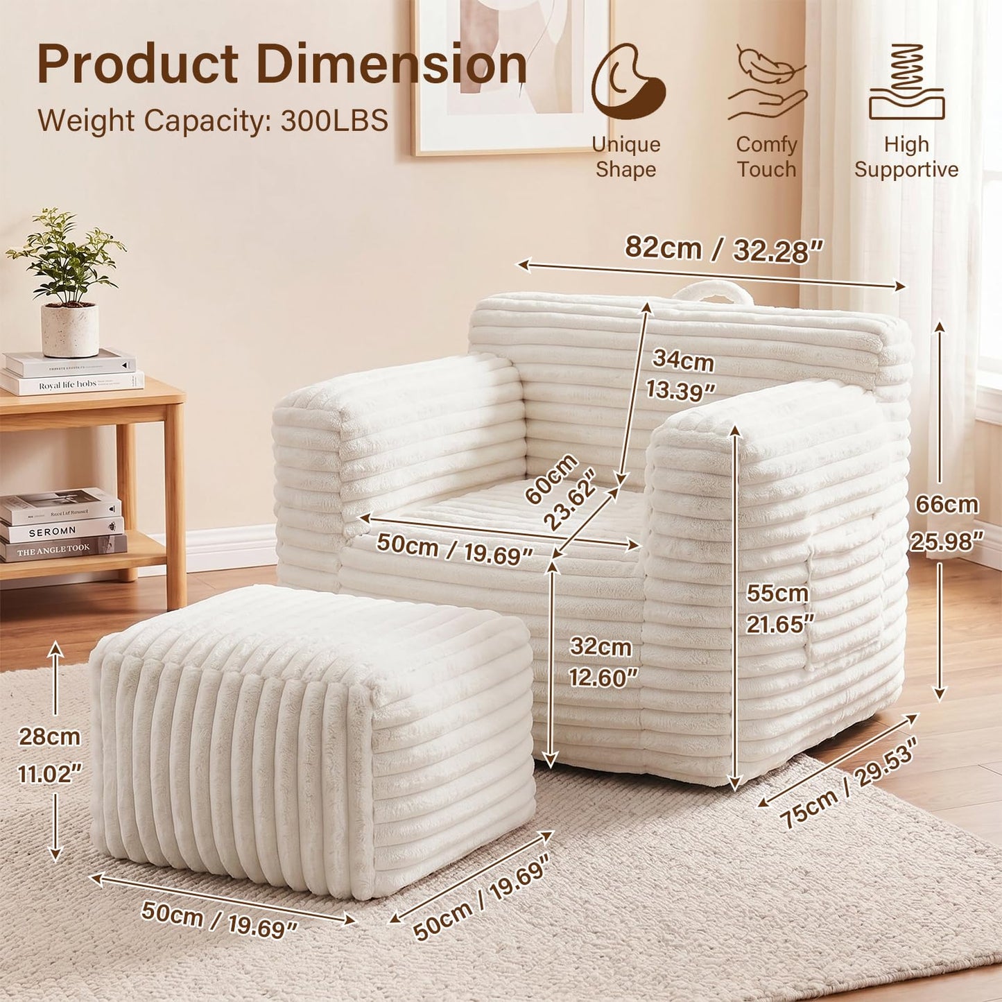 Tiita Bean Bag Chair with Footrest for Adults, Foam Lounge Chair with Back Support and Armrests, Soft Corduroy Cover, Removable Washable Sofa Chair for Reading, Gaming, Beige