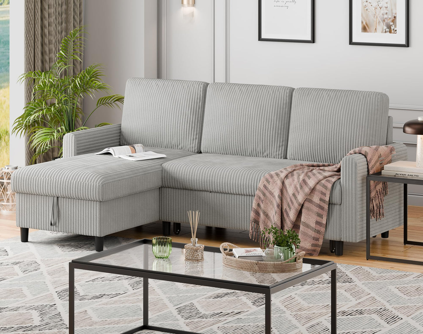 Walsunny 77" Sectional Sleeper Sofa with Pull Out Bed, Modern L-Shaped Corduroy Convertible Couch with Storage Chaise, Reversible Sofa Bed for Small Spaces, Apartment, Office, Light Grey