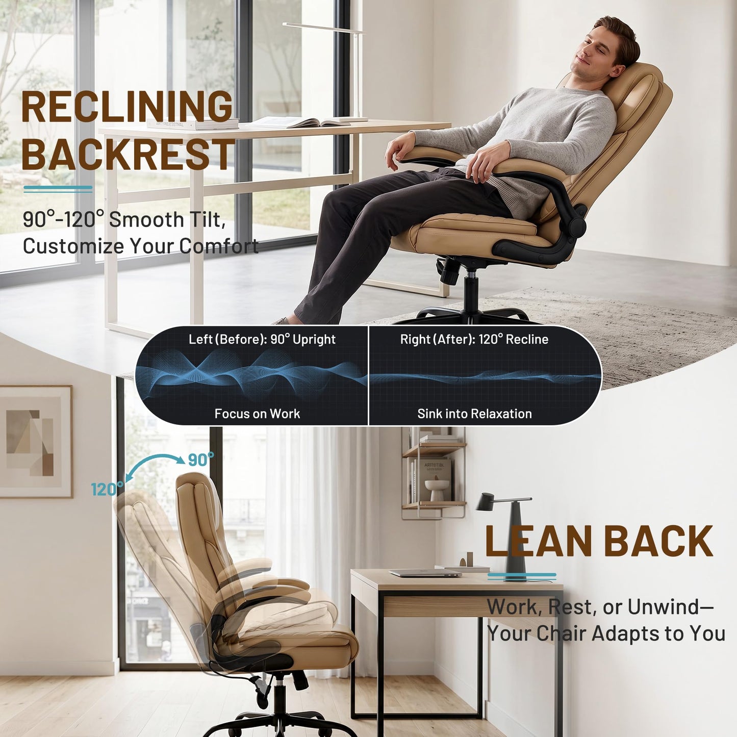 Hayelf Ergonomic Office Chair, PU Leather High Back Executive Chair with Adjustable Inflatable Lumbar Support and Padded Flip-Up Arms, Recline Swivel Task Computer Chair for Home Office, Khaki