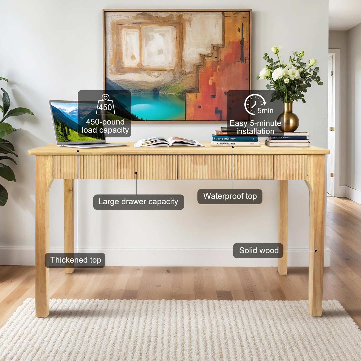 Solid Wood Desk with 2 Drawers,Mid Century Modern Fluted Writing Desk for Home Office,Bedroom,Living Room,Computer Table for Study/Work,oak wood,Easy Assembly. (Nature, 39.4"L x 22"W x 29.5"H)