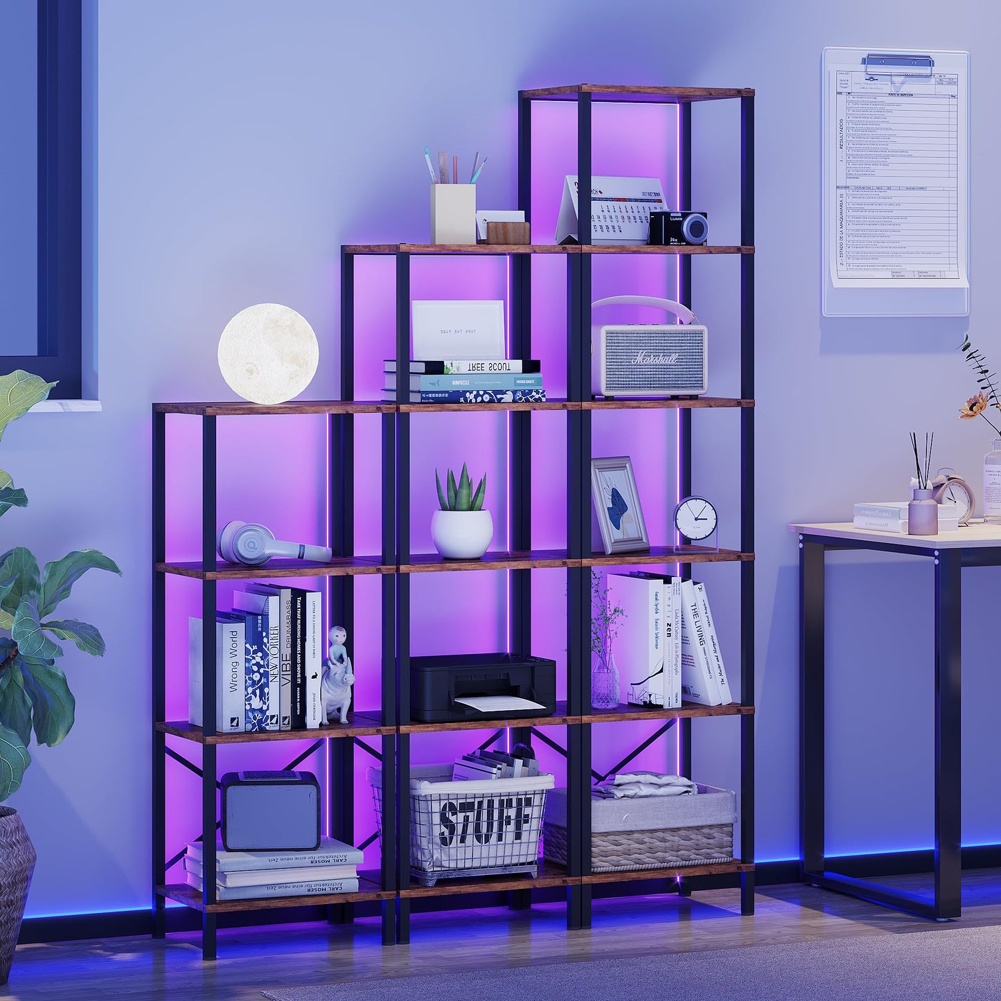 JARHETUN 5-Tier Bookshelf, Tall Narrow Bookcase with LED Lights, Book Shelf with Steel Frame, Office Furniture, Display Storage Shelf for Living Room, Bedroom, Study, Balcony, Rustic Brown