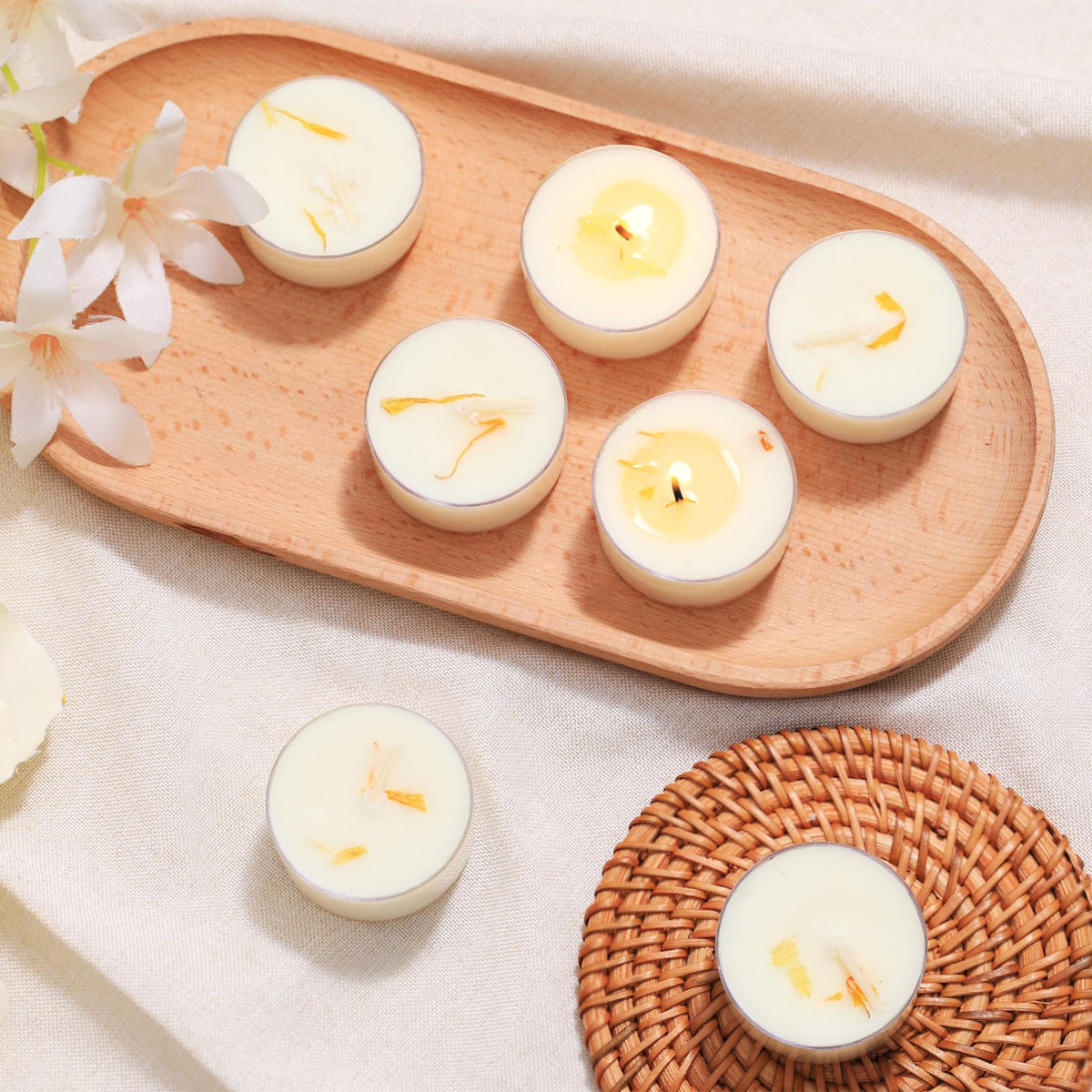48Pcs Vanilla Scented Tealight Candles, Palm Wax White Tea Lights, 4h Long Burning Tea Light Candles with Dried Flowers for Holiday, Wedding, Spa, and Home Decoration