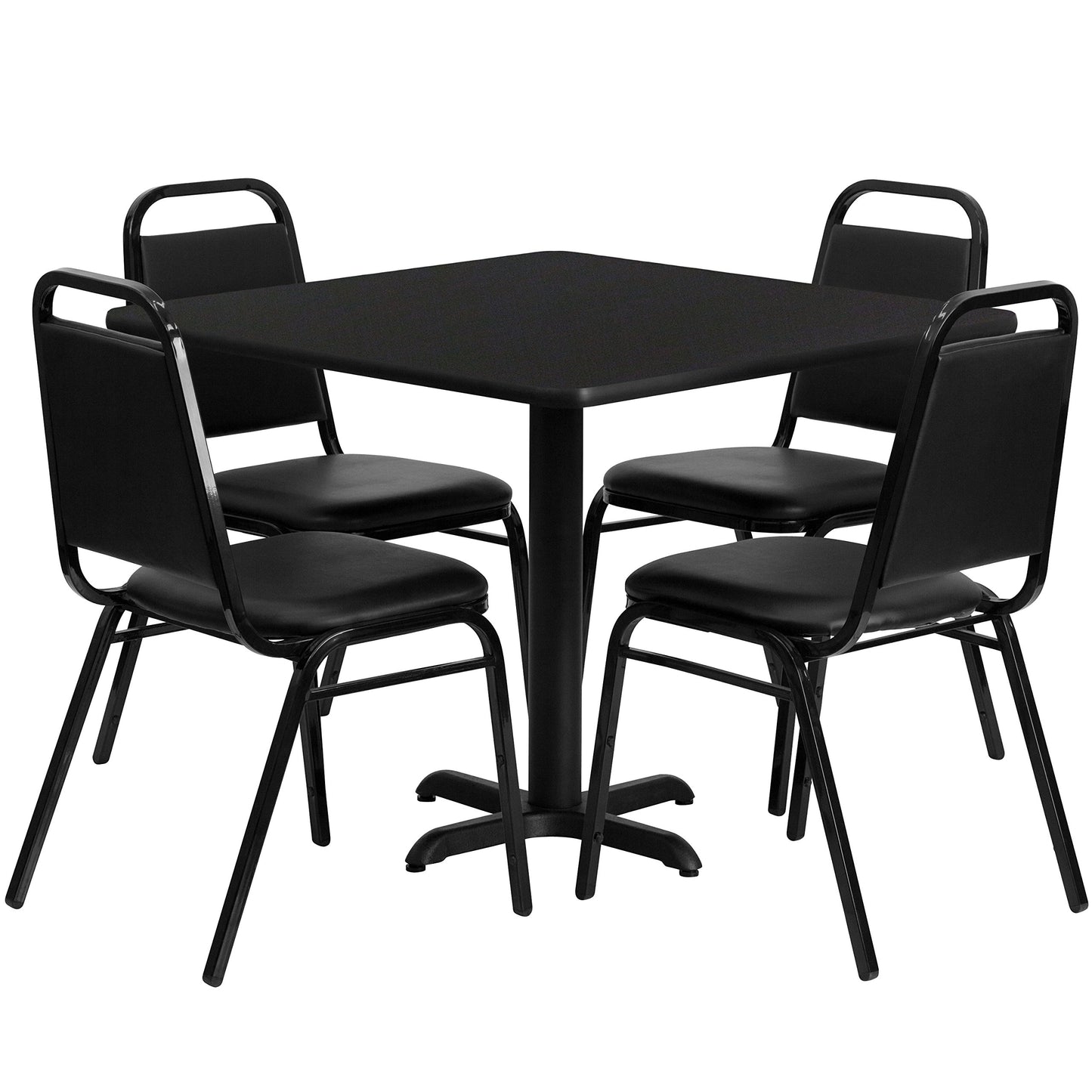 Flash Furniture 5-Piece 36" Square Laminate Dining Table/Chairs Set, Restaurant Dining Set with Table, X-Base, and 4 Trapezoidal Back Chairs, Black