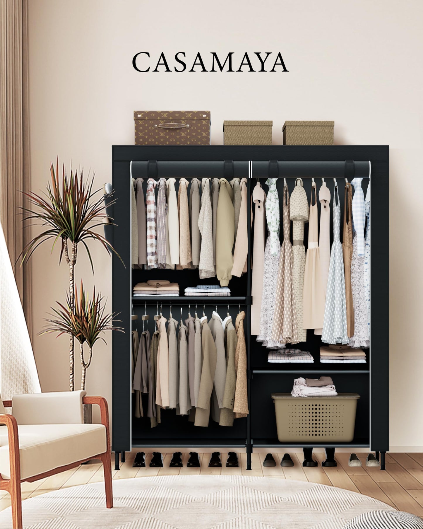 CASAMAYA Clothes Rack, Portable Closet, 54.7 Inch Large Capacity Wardrobe Closet with Cover, Clothes Storage Organizer with Shelves and 3 Hanging Rods, Easy to Assembly, Black PCT122B01