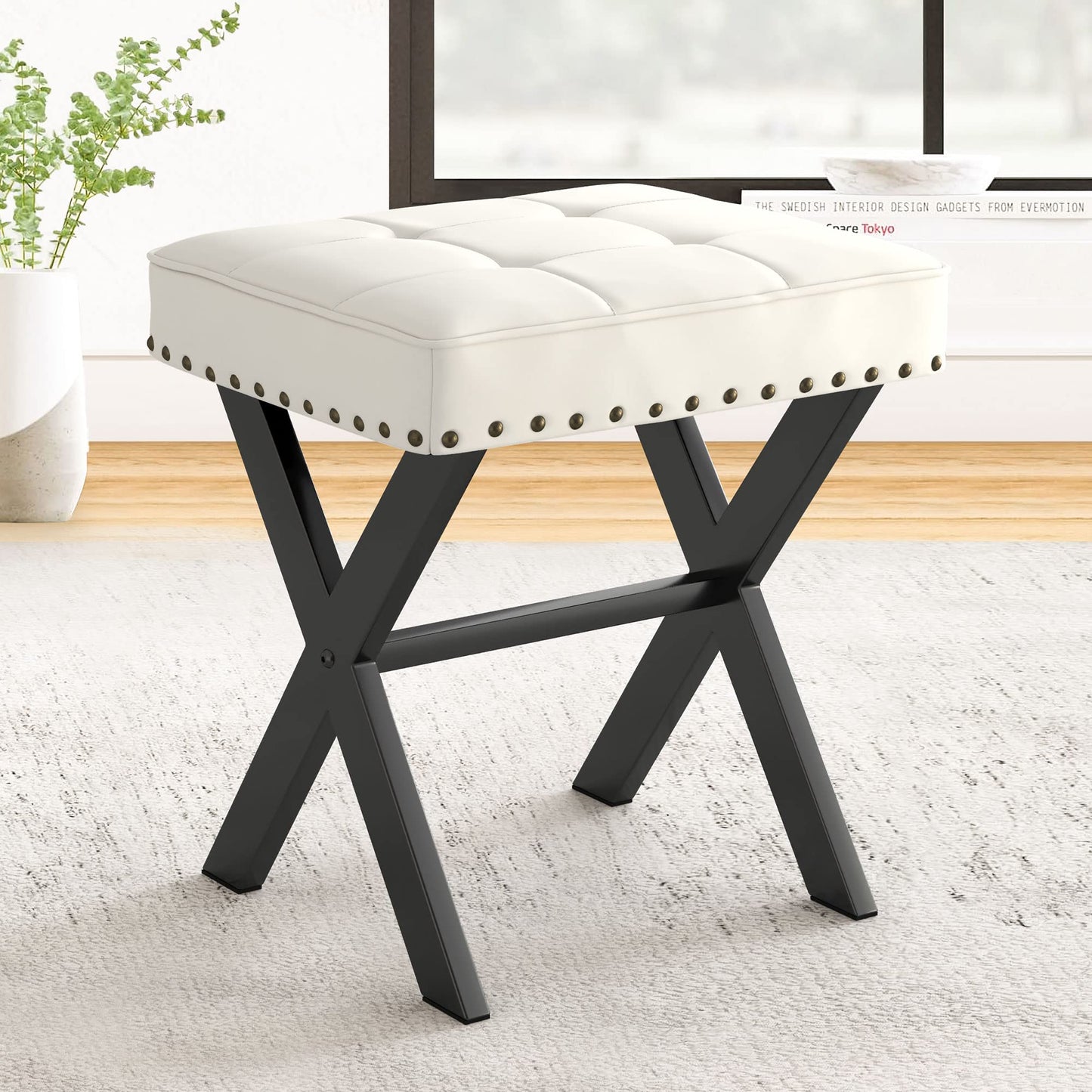 LUE BONA White Vanity Stool - Square Faux Leather Makeup Seat With Metal X Legs, Small Ottoman Chair for Makeup Room, Living Room, Bathroom - Padded Foot Rest