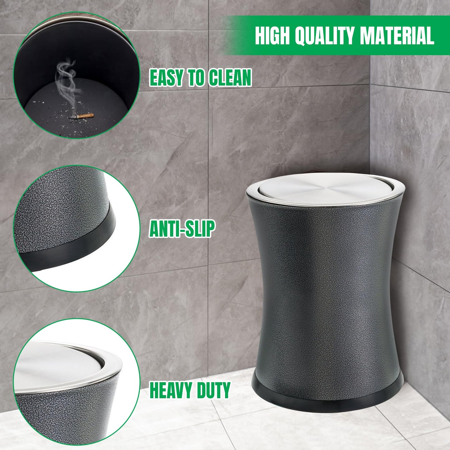Bennett Small Office Trash Can, Swivel-a-Lid Small Wastebasket Metal 'Center-Inset' Design, Modern Home Décor, Round Shape (Gray)