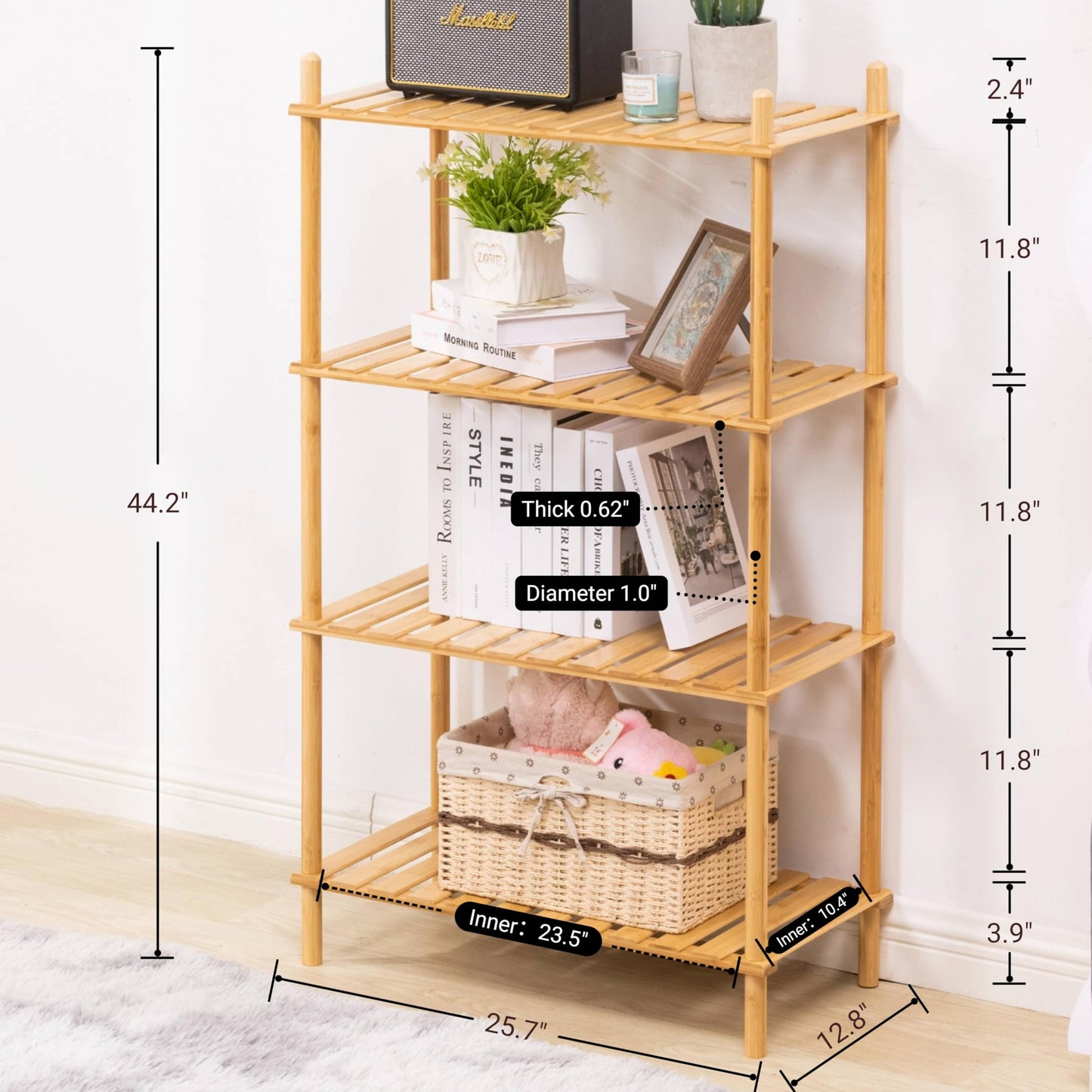 GOGOGO 4-Tier Expandable Bamboo Bookshelf - 150LBS Heavy-Duty, Tool-Free Assembly, Multifunctional Storage for Bathroom/Kitchen/Office Holder Plant Flower Stand (1, Natural, 4-Tier 12.8" D)