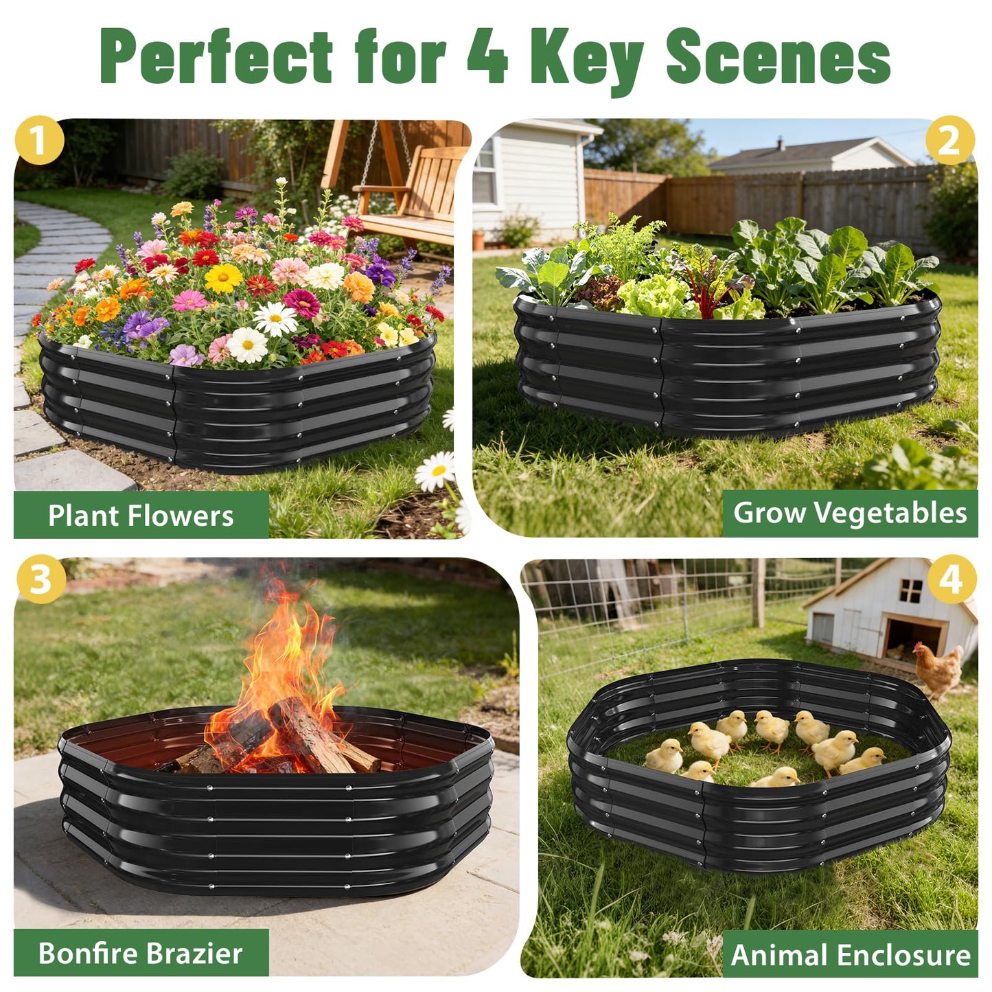 VAMFUTRE Hexagon Raised Garden Bed, 48 Inch Diagonal & 12 Inch Tall, Galvanized Steel Planter Box with Wave-Shaped Metal Panels for Outdoor Flower,Tree,Herb & Vegetable Garden (Black, 4FT X 1FT)