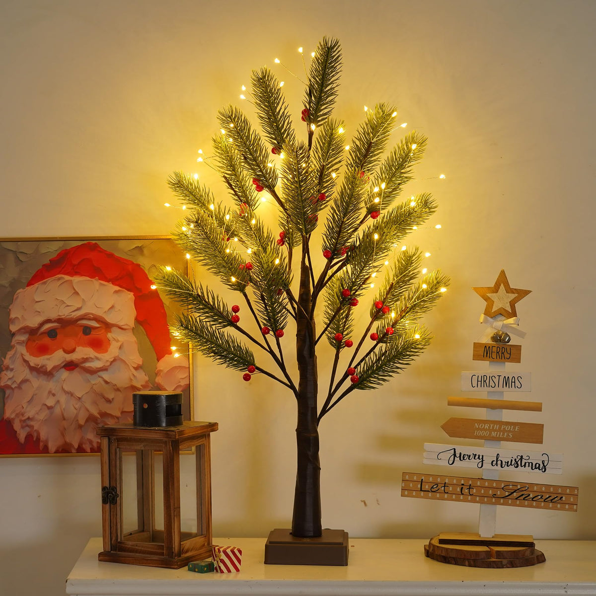 PXBNIUYA 72 LED Artificial Lamp with Timer, DIY Christmas Tree Lights, USB/Battery Powered Desktop Bonsai Tree Pine Needles, Fairy Light Spirit Tree for Indoor Table Home Wedding Bedroom-Warm White