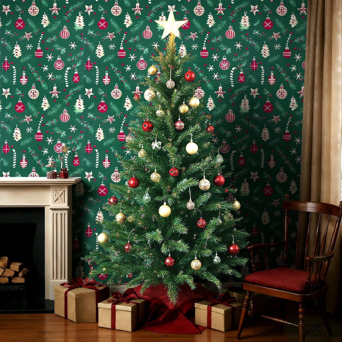 Peel and Stick Wallpaper Christmas Trees, Ornaments & Candy Canes Contact Paper Holiday Removable Self Adhesive Vinyl Christmas Decor Wall Paper for Living Room Kitchen Bedroom 17" x 196.8"