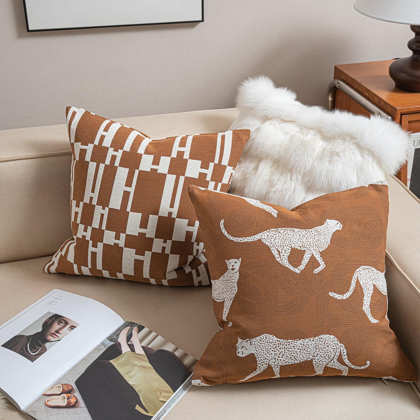 Croker Horse New 20x20'' inches Throw Pillow Cushion Covers - Caramel H Letter Chenille Jacquard Embroidery Luxury Modern Style Couch Sofa Bed Pillow Cover for Living Room Bedroom