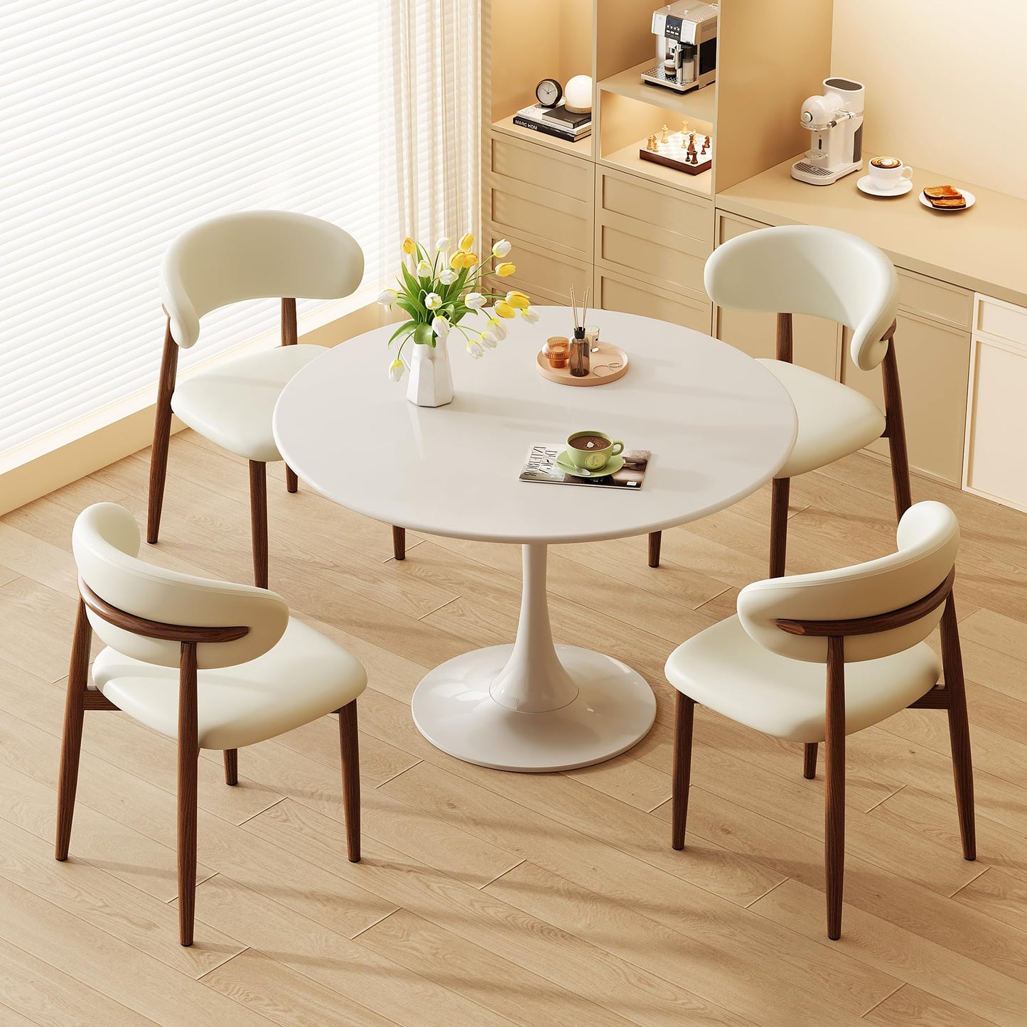LUCKIIA Dining Chairs Set of 2 for Kitchen Dining Table Mid Century Modern Farmhouse Upholstered Leather Dining Room Chairs with Metal Legs, Walnut Beige