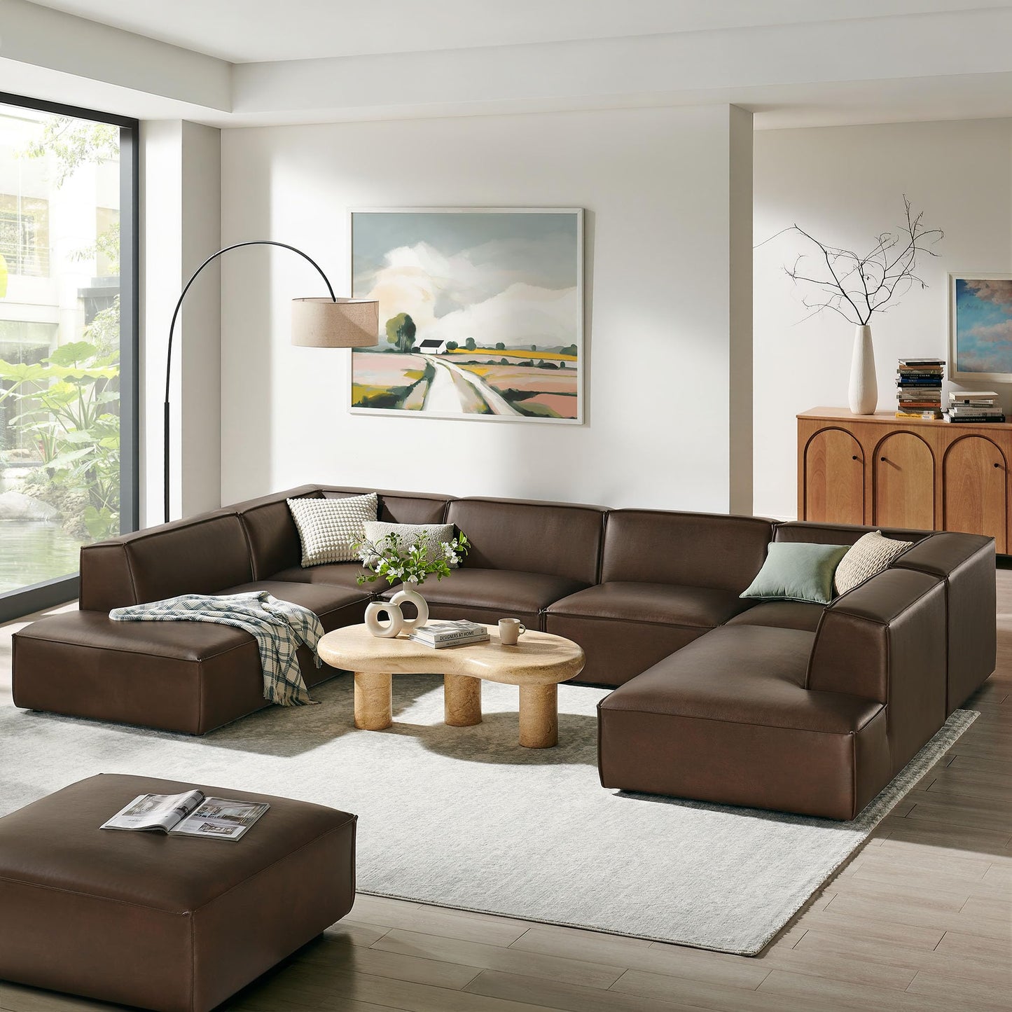Modway Restore Faux Leather 6-Piece Modular U-Shaped Armless Sectional Sofa in Espresso – Vegan Leather Couch with Left-Facing Chaise, Right-Facing Armless Chaise, and Two Armless Chairs
