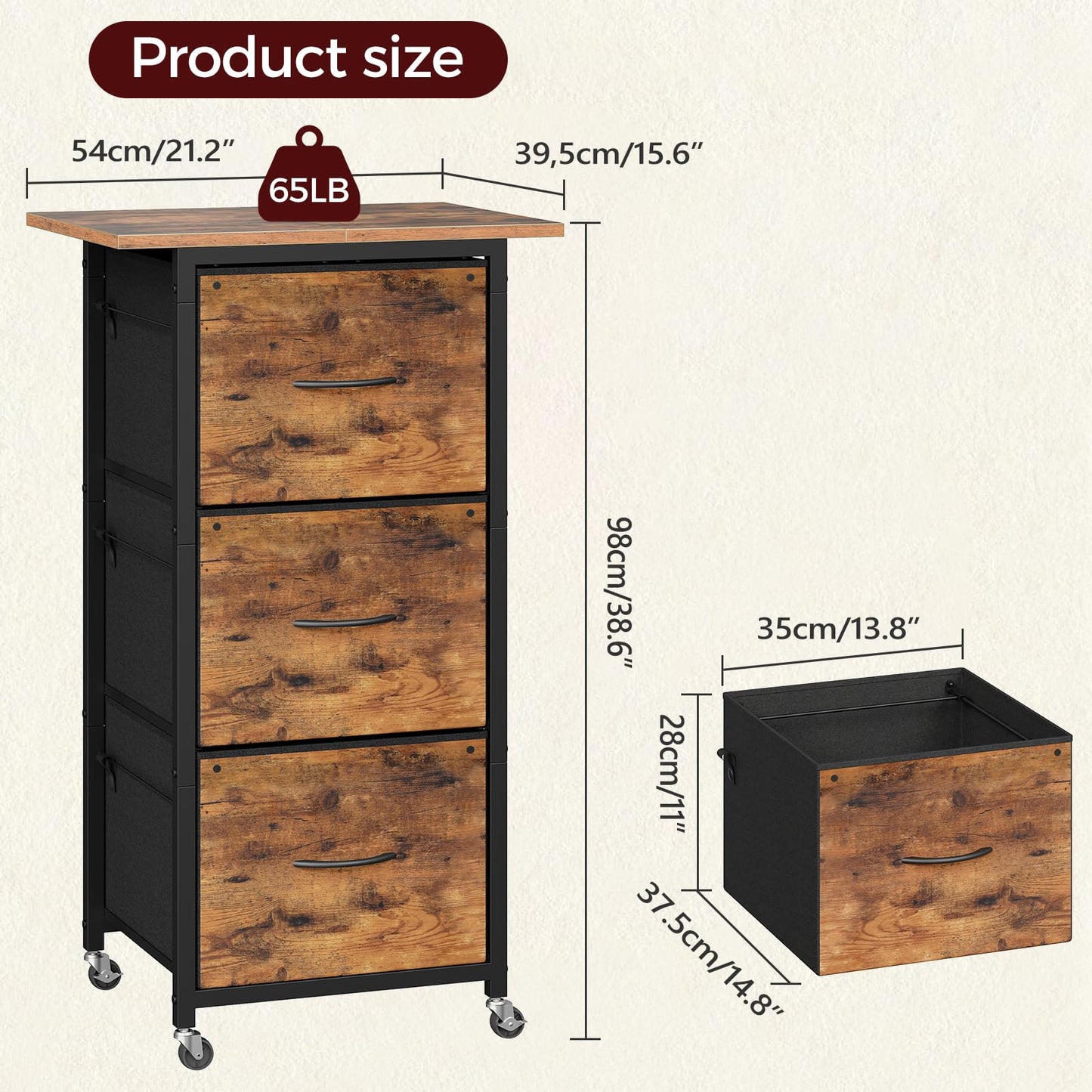 MAHANCRIS 3 Drawer File Cabinet, Vertical Filing Cabinet with Wheels, Printer Stand with Non-Woven Fabric Drawer, Adjustable Hanging Rods, fits A4/Letter Size, for Home Office, Rustic Brown FCHR5901