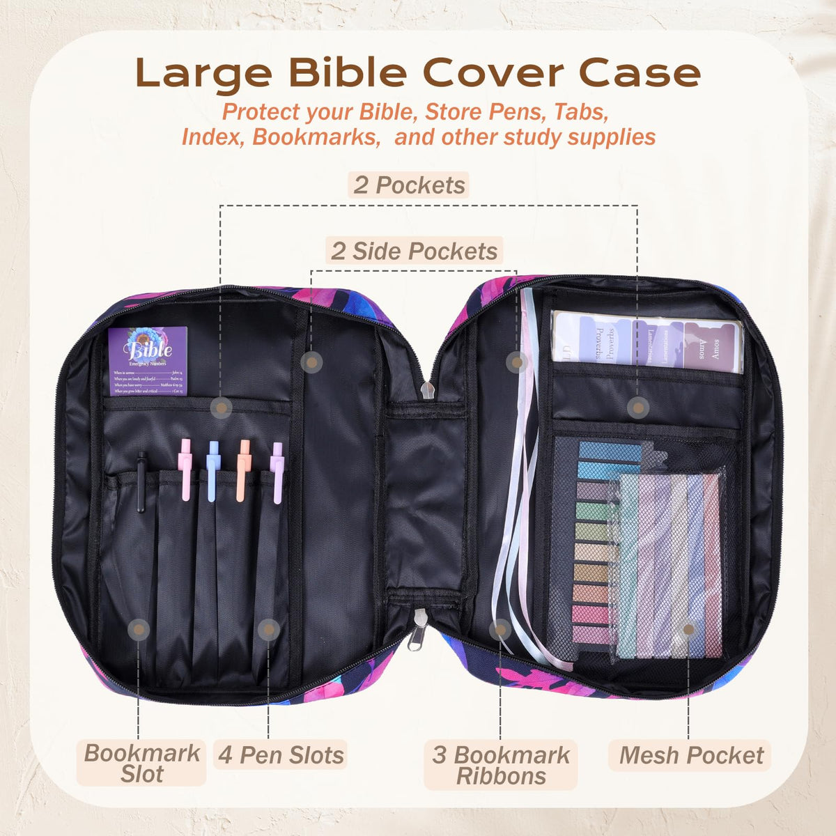 XKDOUS Bible Cover Carrying Book Case with Handle & Zippered Pocket, Large Bible Bags Study Supplies Accessories Organizer Bible Case Christian Gifts for Mother Women Men