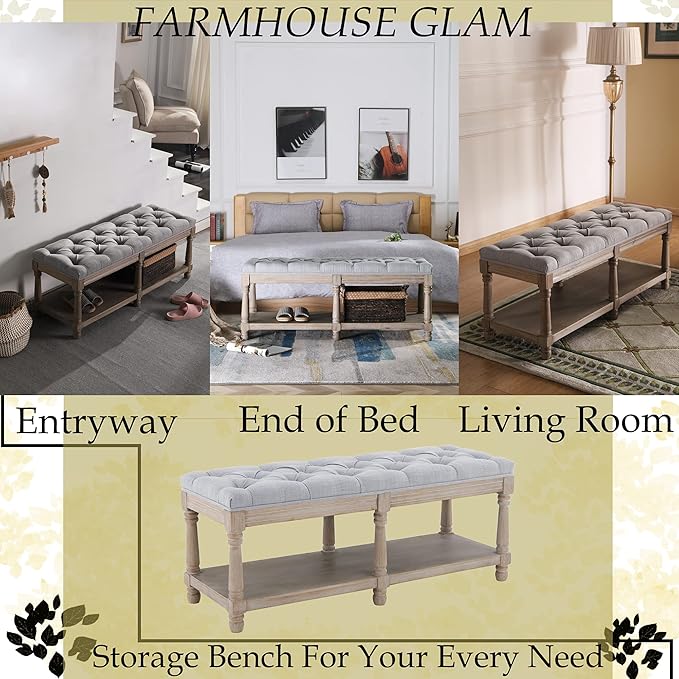 Farmhouse Storage Bench Wooden Entryway Upholstered Tufted Ottoman Bench
