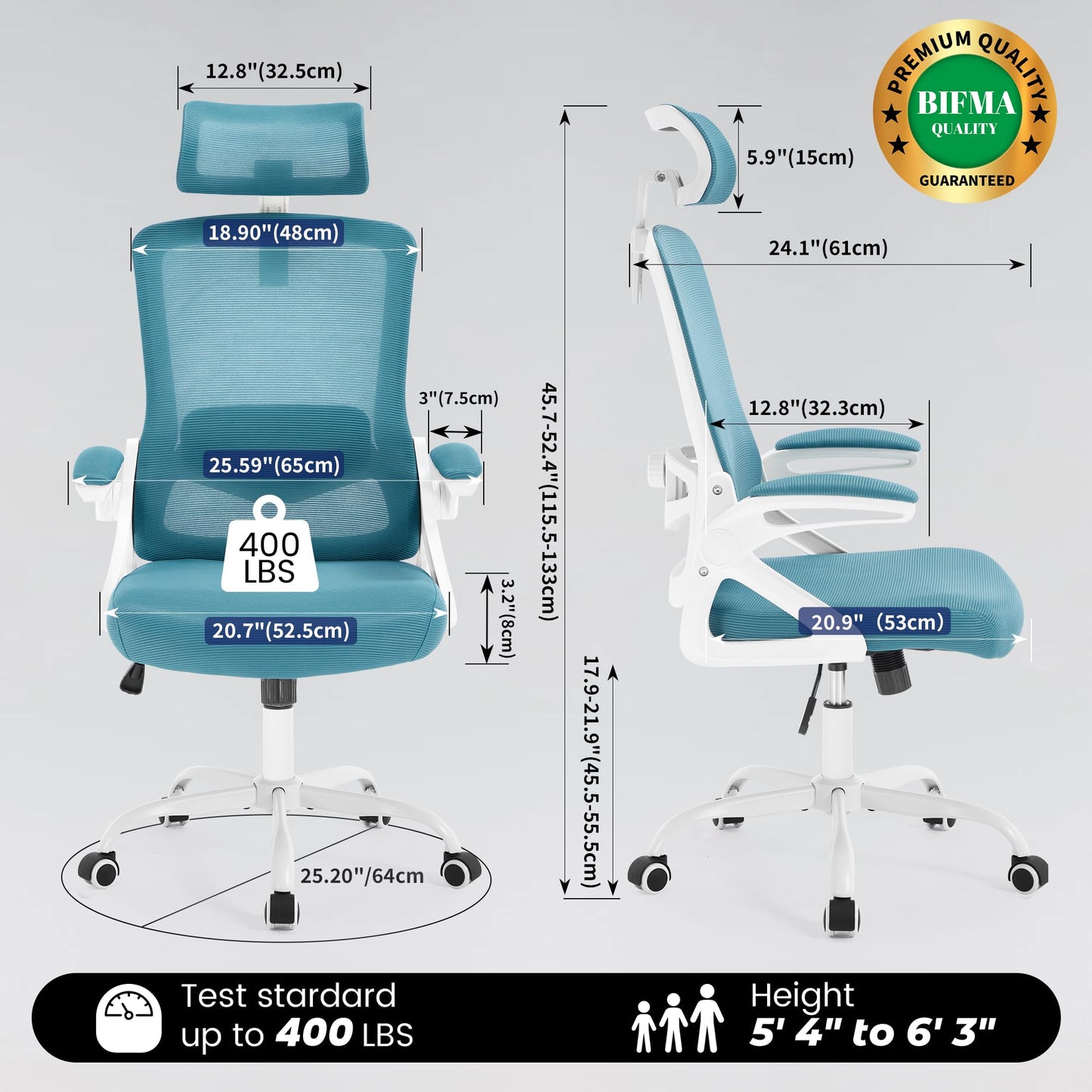 Fizzin Ergonomic Office Chair, 400 LBS Computer Chairs with Adjustable Lumbar Support, Breathable Mesh Desk Chair Ergonomic with Thickened Cushion, Comfy Home Office Desk Chair (Lake Blue)