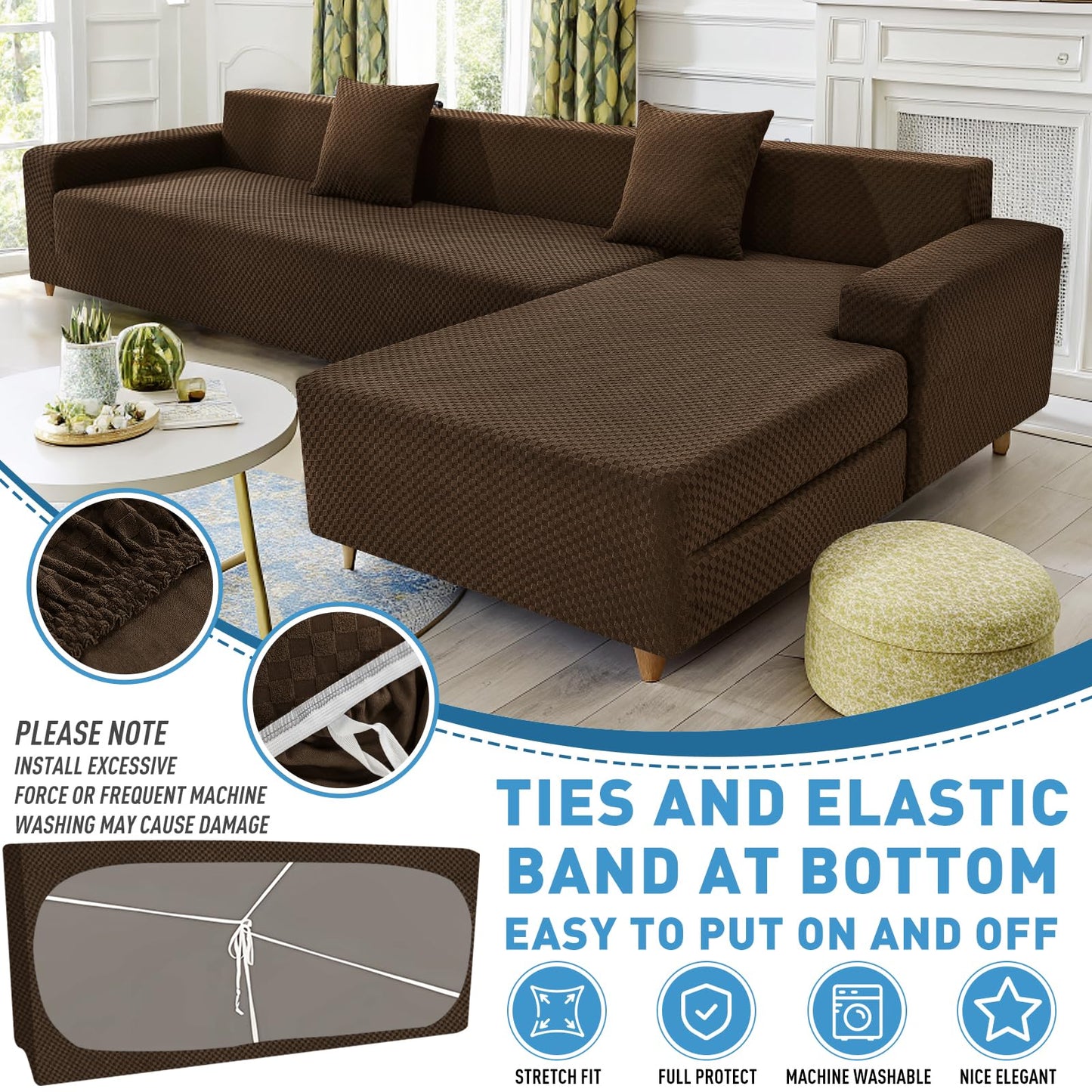 ZNSAYOTX Sectional Couch Covers, Stretch Jacquard Slipcovers with Elastic Bottom for L-Shape Sectional Sofa, 2 Pcs Pet Friendly Modular Sofa Protector (3 Seat Couch + 3 Seat Chaise, Dark Coffee)
