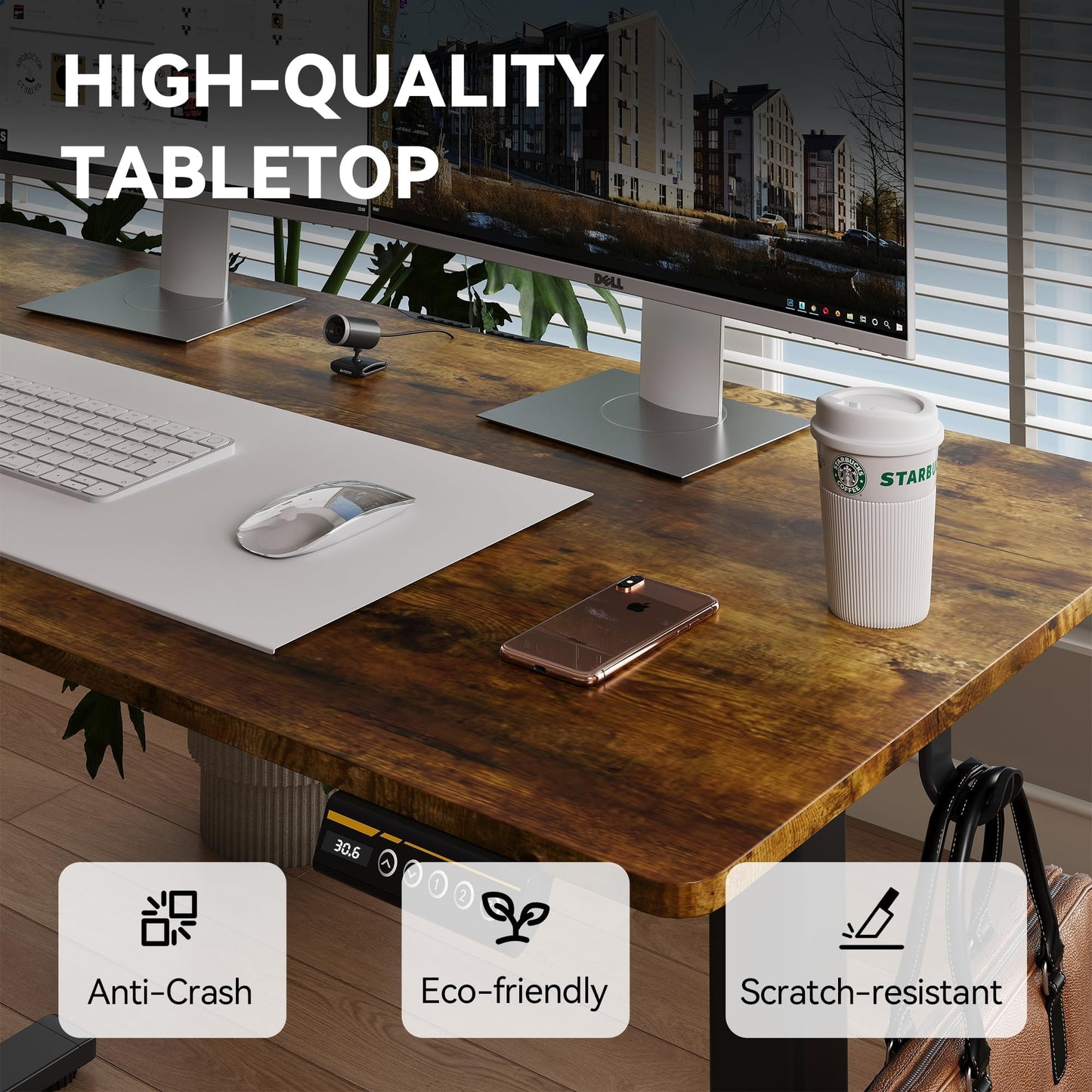 Gamork Electric Standing Desk,40x24 Inches Adjustable Height Stand up Desk, Sit Stand Home Office Desk with Splice Board, 3 Preset Heights,Equipped with Hooks,Ergonomic Computer Workstation，Brown
