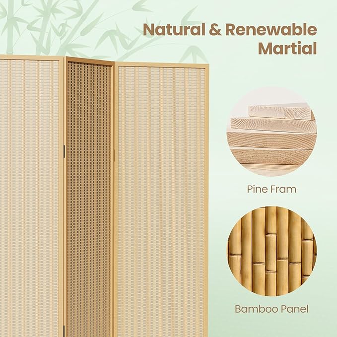 8 Panel Room Divider and Extra Wide Folding Privacy Screen, Bamboo Room Divider