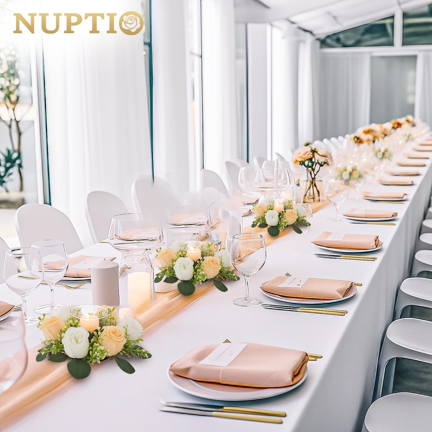 NUPTIO Small Flower Rings for Centerpieces: 9.05 Inch Champagne & White Candle Wreath for Wedding Party Christmas Table Decorations - Spring Summer Front Door Porch Decor 2 Pcs