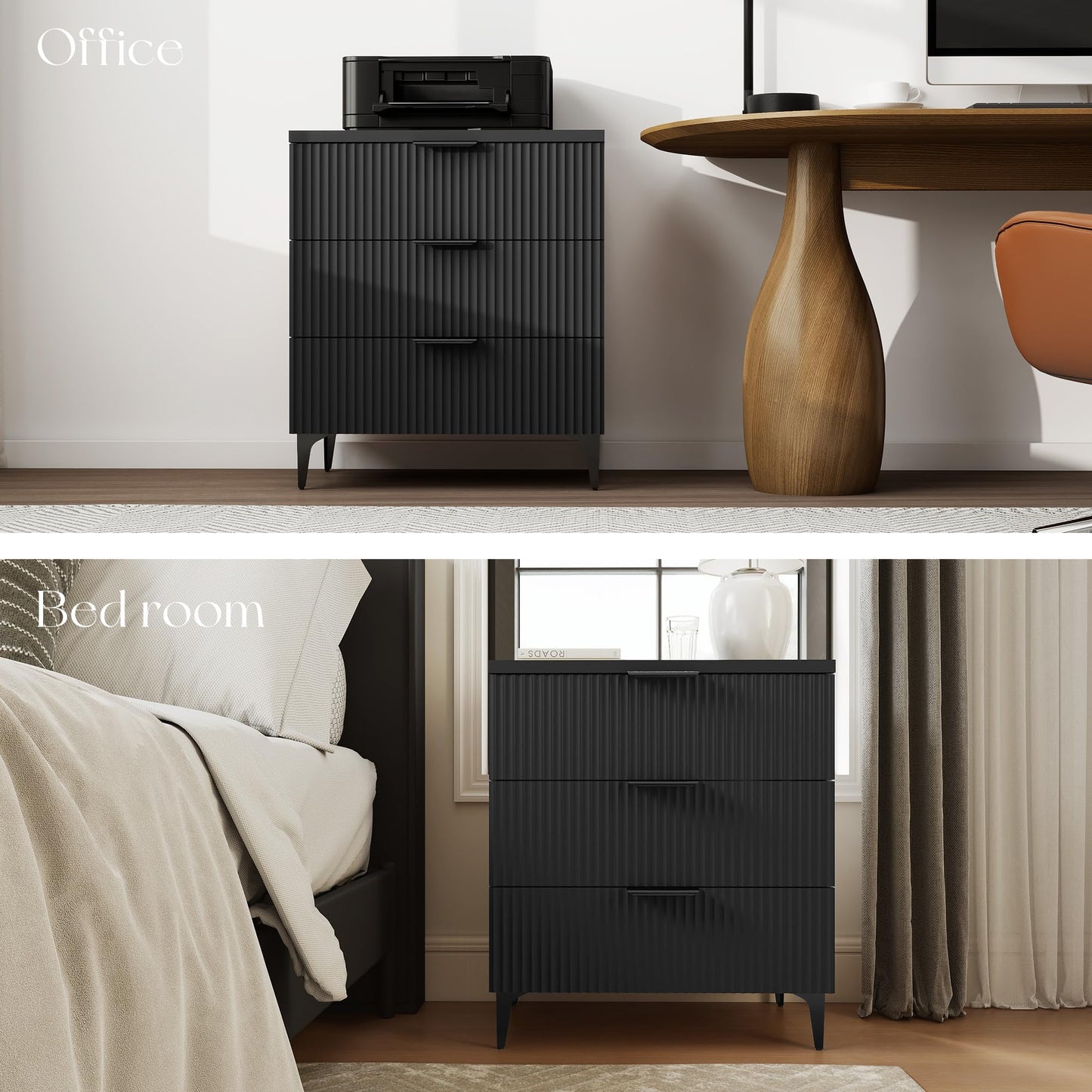 25.6" W Black Fluted Nightstand with 3 Drawer, Modern Wood Night Stands Bedside Table for Bedroom King/Queen Bed, End Table with Robot-Friendly Legs for Living Room,Entry